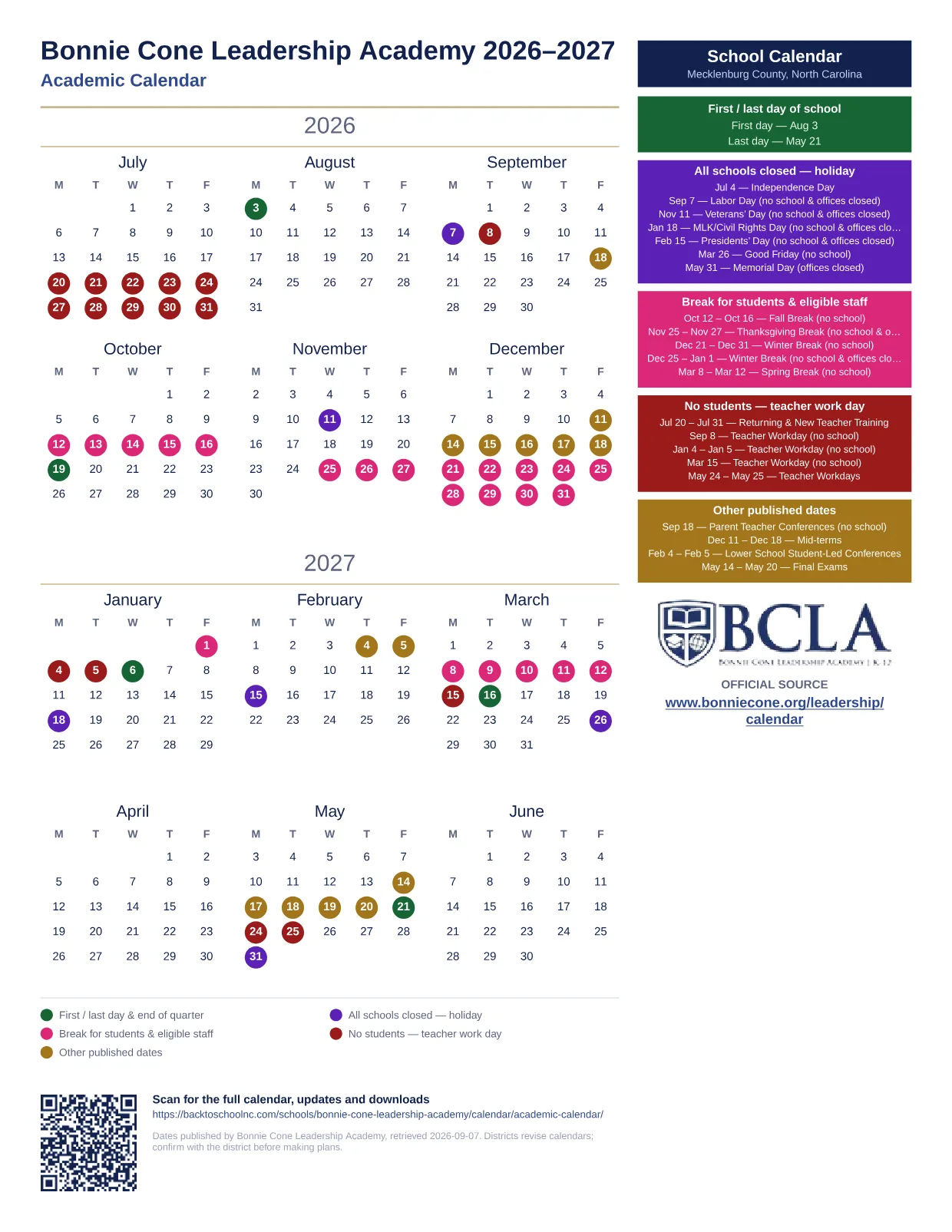 Bonnie Cone Leadership Academy Academic Calendar 2026–2027 printable calendar