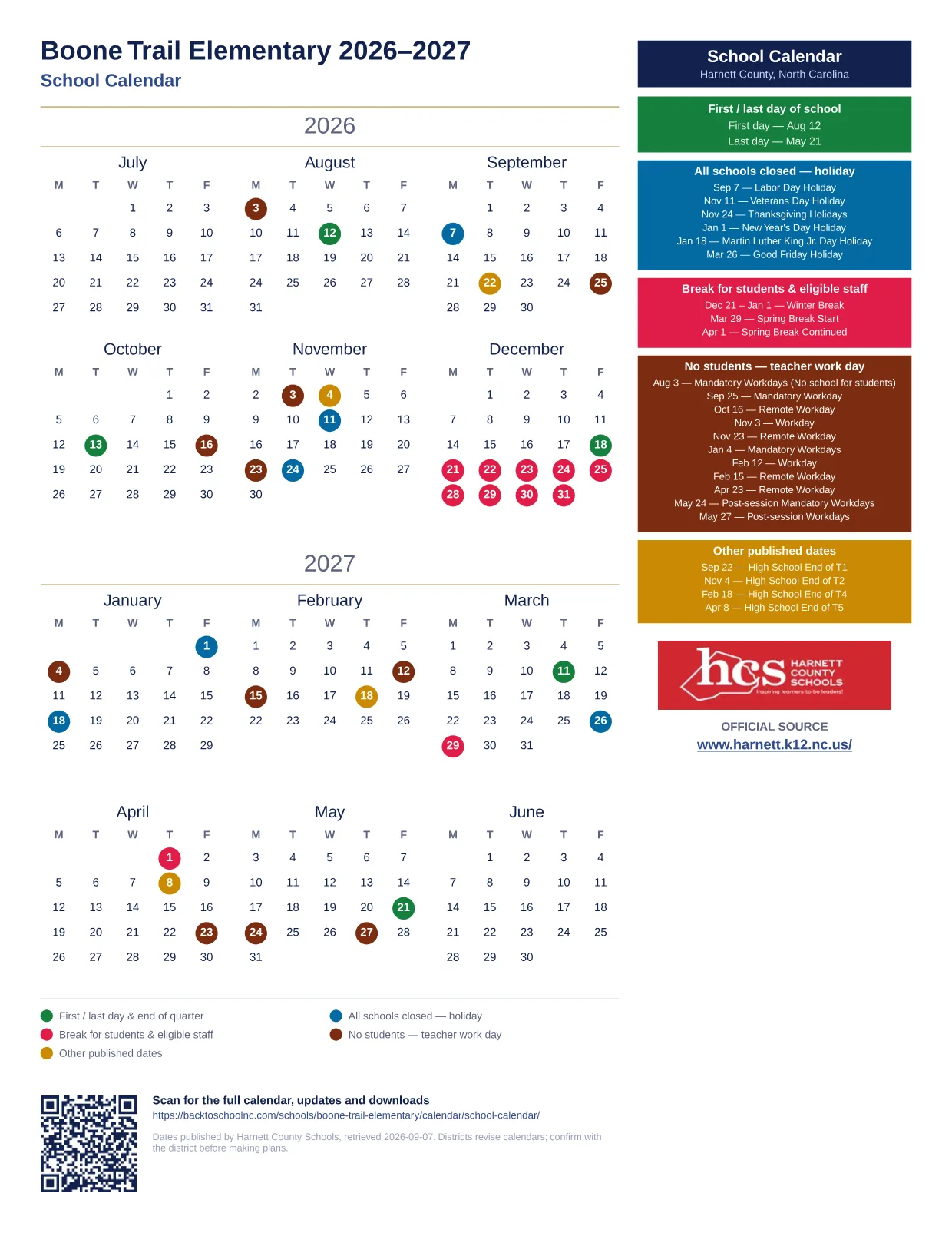 Boone Trail Elementary 2026–2027 printable calendar