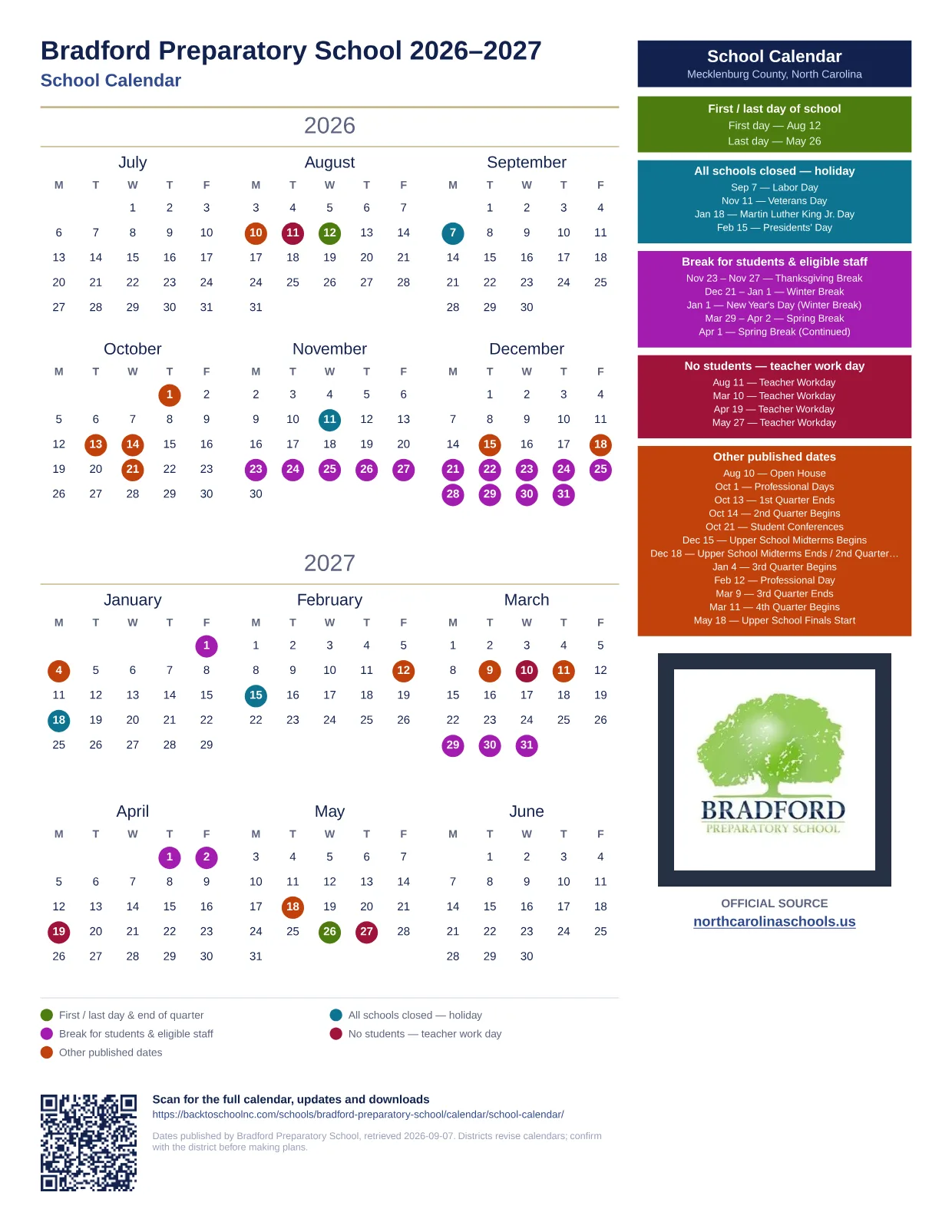 Bradford Preparatory School School Calendar 2026–2027 printable calendar
