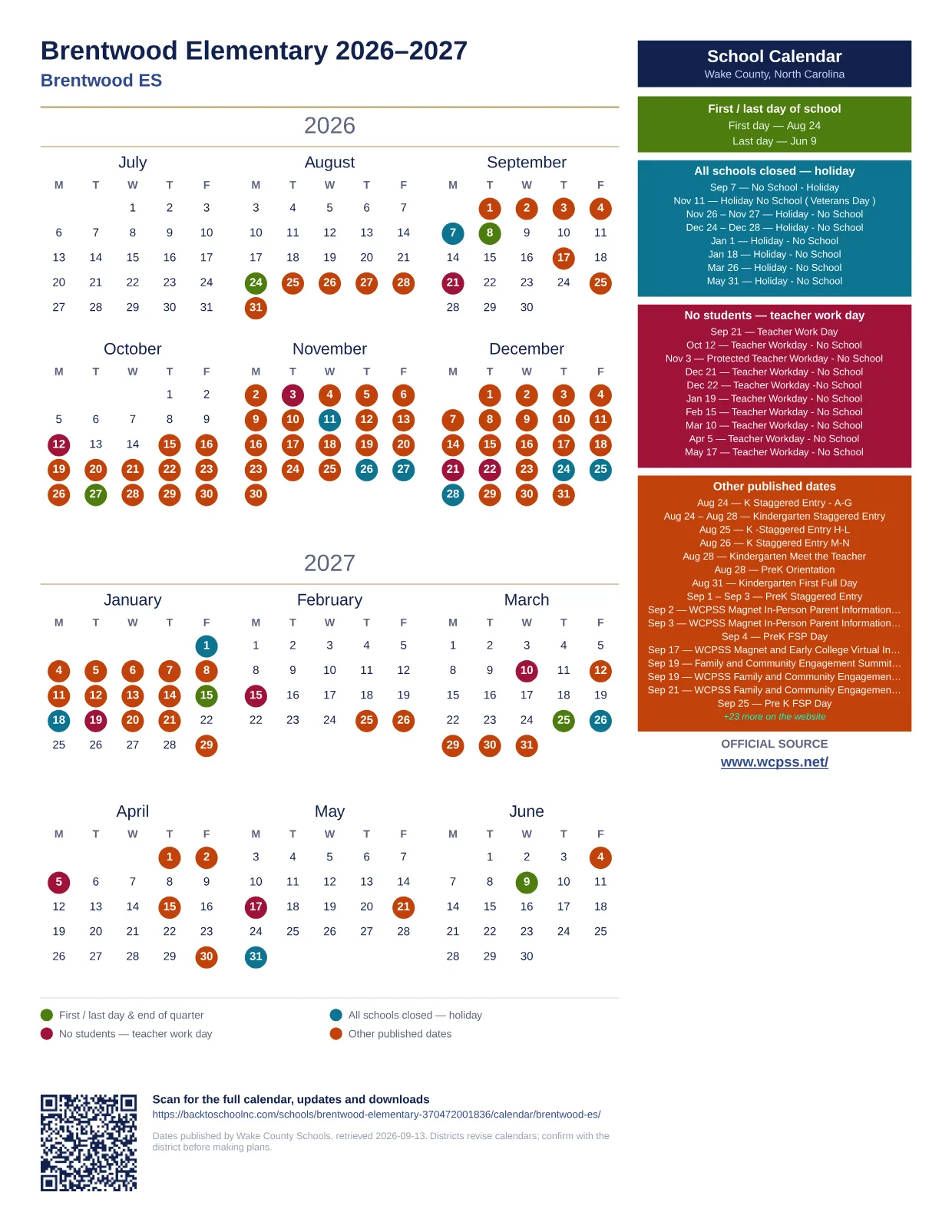 Brentwood Elementary 2026–2027 printable calendar