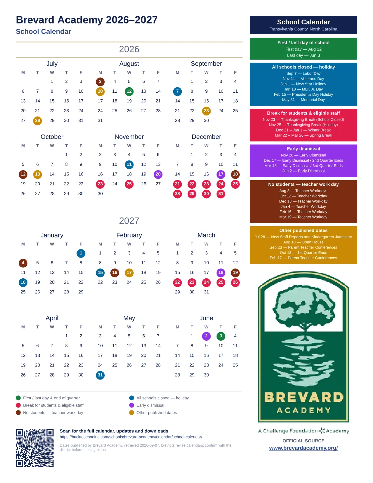 Brevard Academy School Calendar 2026–2027 printable calendar
