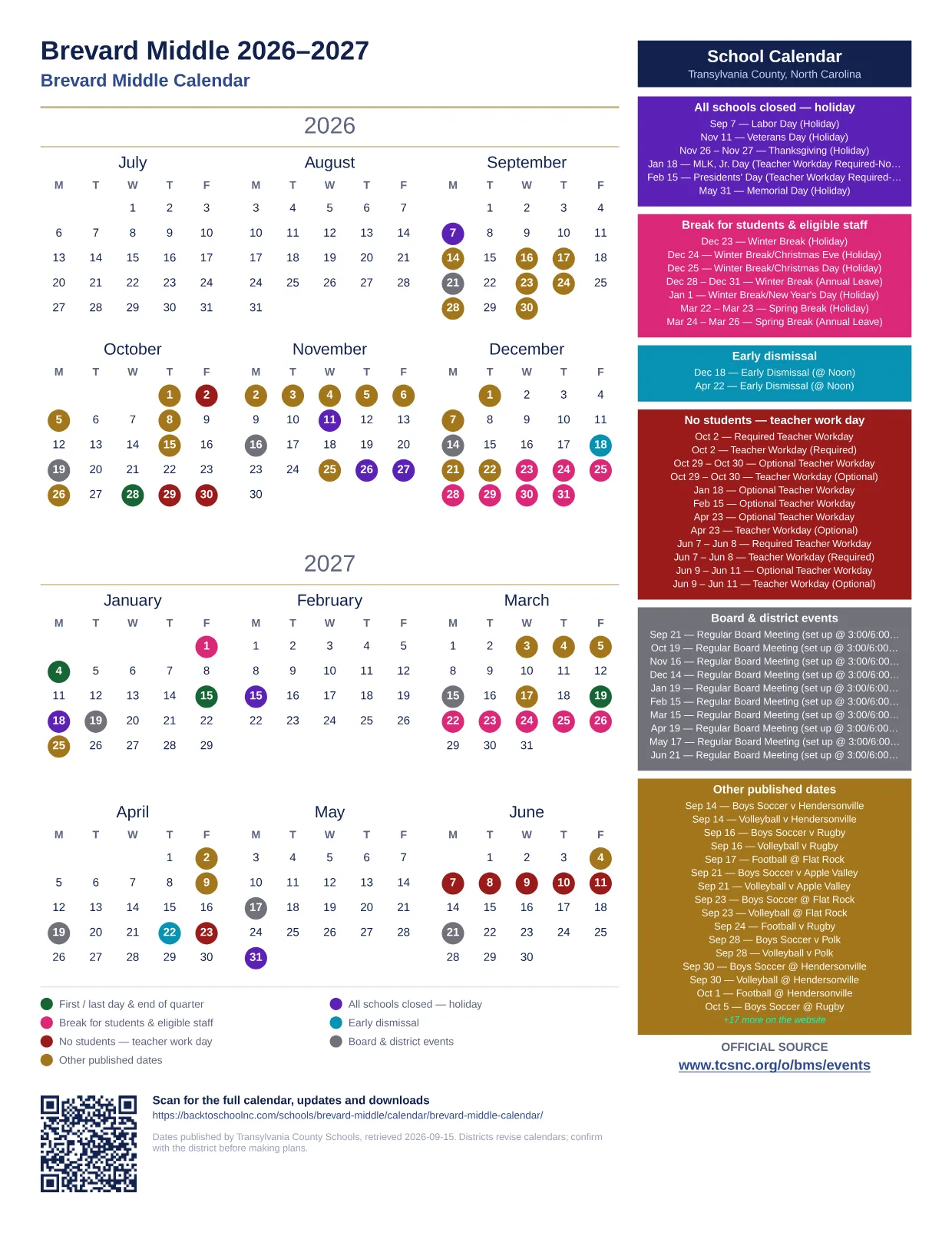 Brevard Middle printable calendar