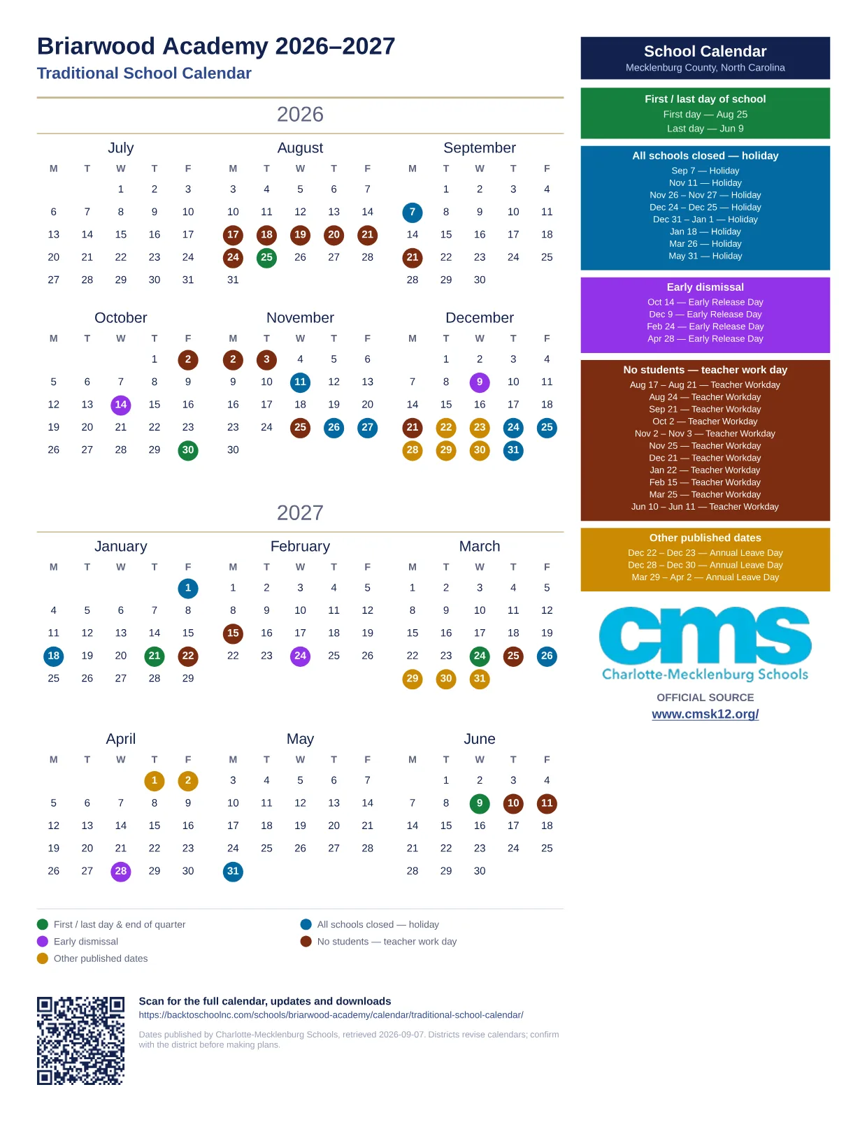 Briarwood Academy 2026–2027 printable calendar