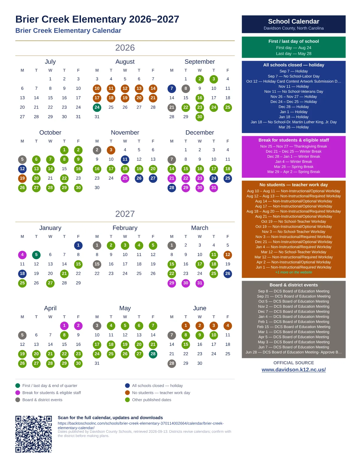 Brier Creek Elementary 2026–2027 printable calendar