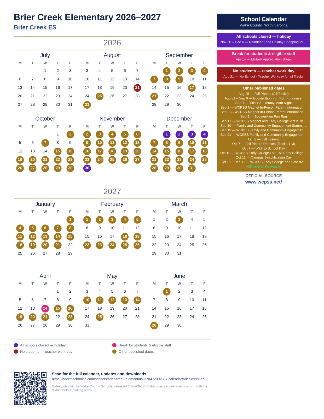 Brier Creek Elementary  printable calendar