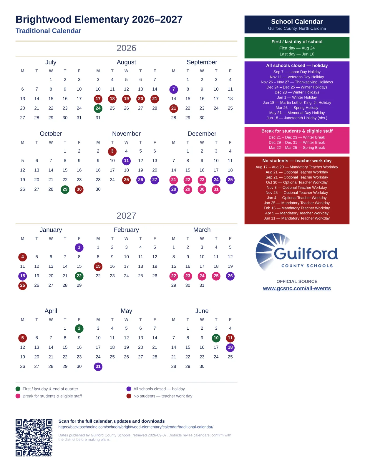 Brightwood Elementary 2026–2027 printable calendar