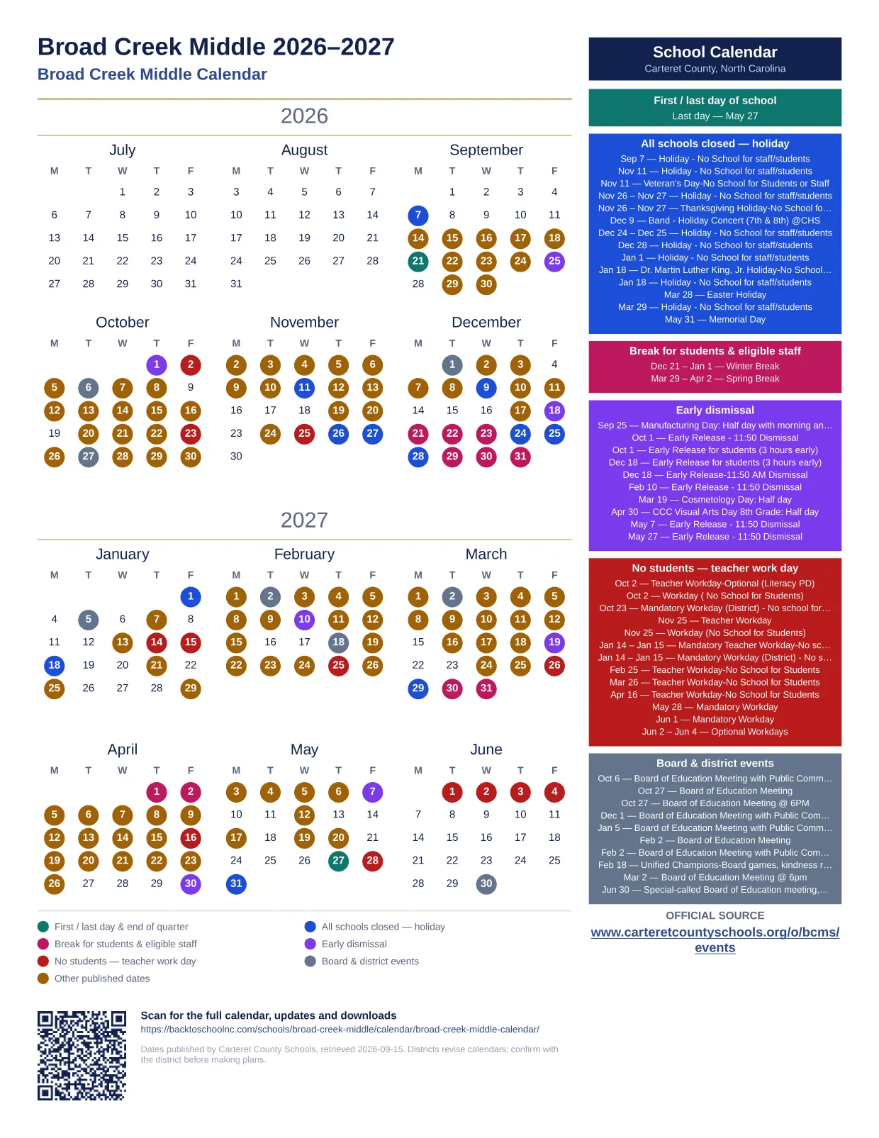 Broad Creek Middle  printable calendar