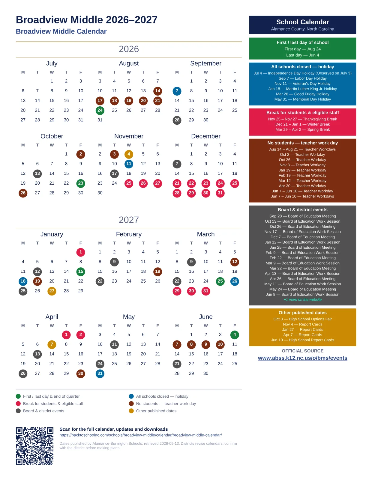 Broadview Middle 2026–2027 printable calendar