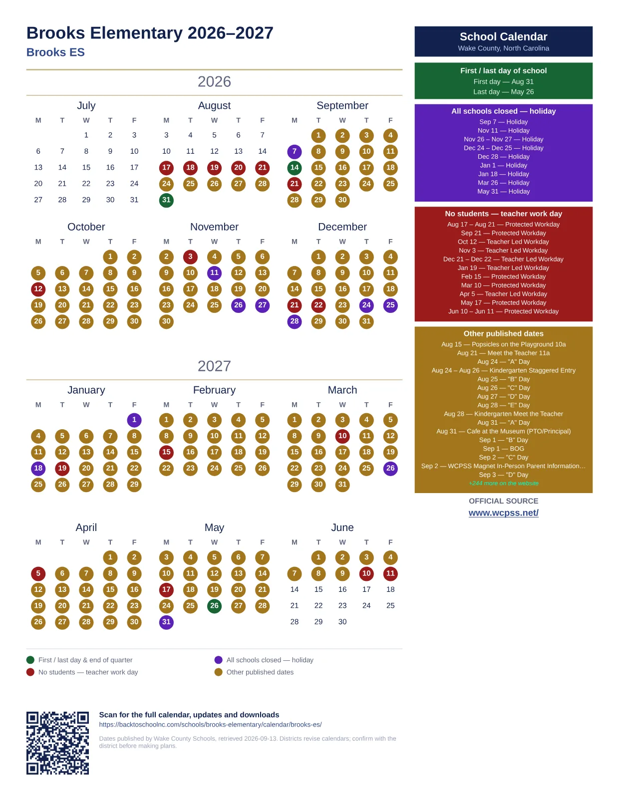 Brooks Elementary 2026–2027 printable calendar