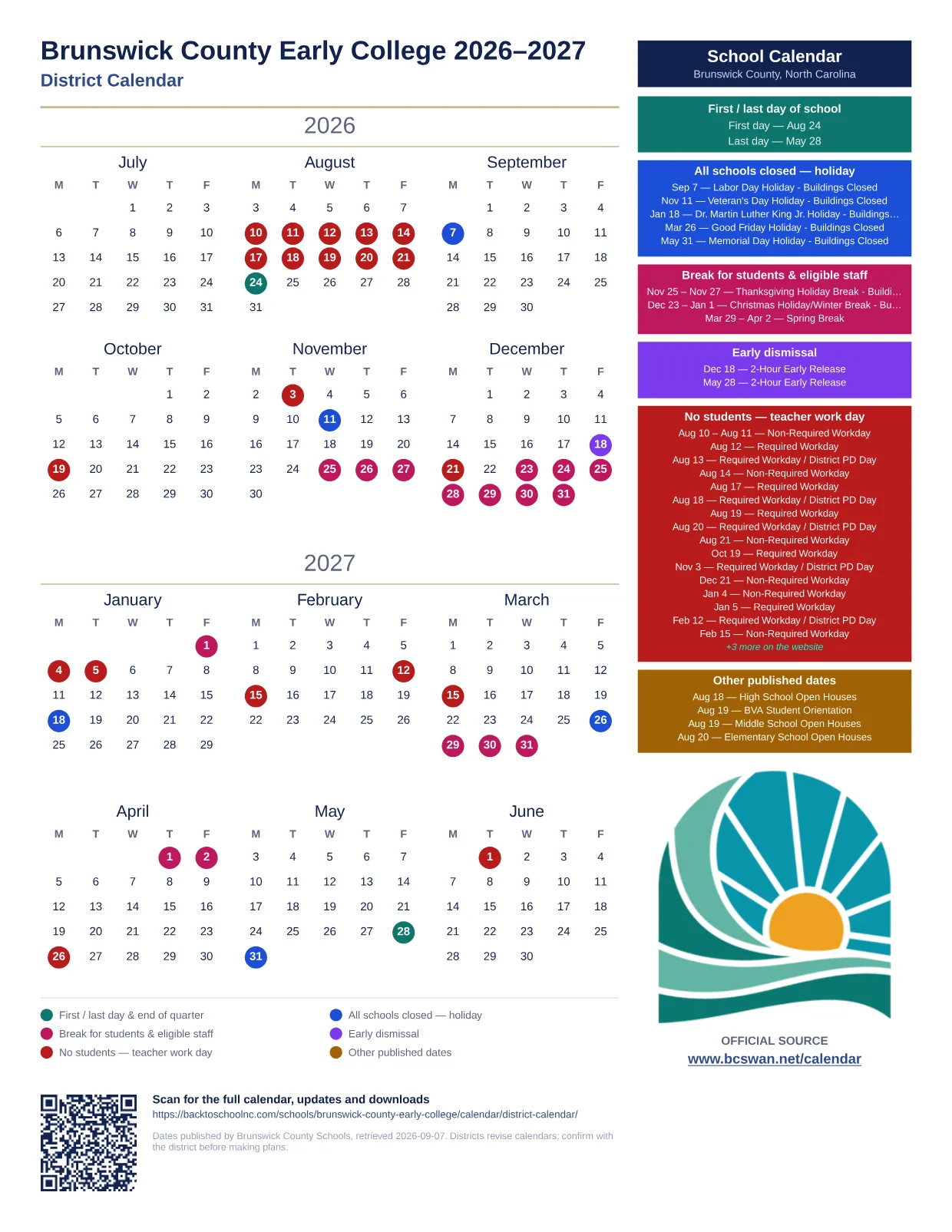 Brunswick County Early College 2026–2027 printable calendar