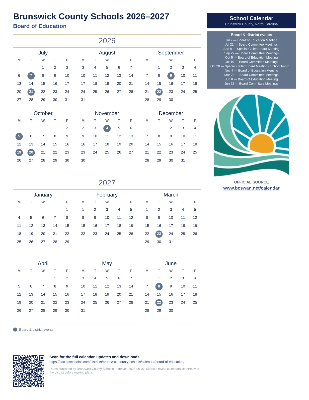 Brunswick County Schools Board of Education  printable calendar