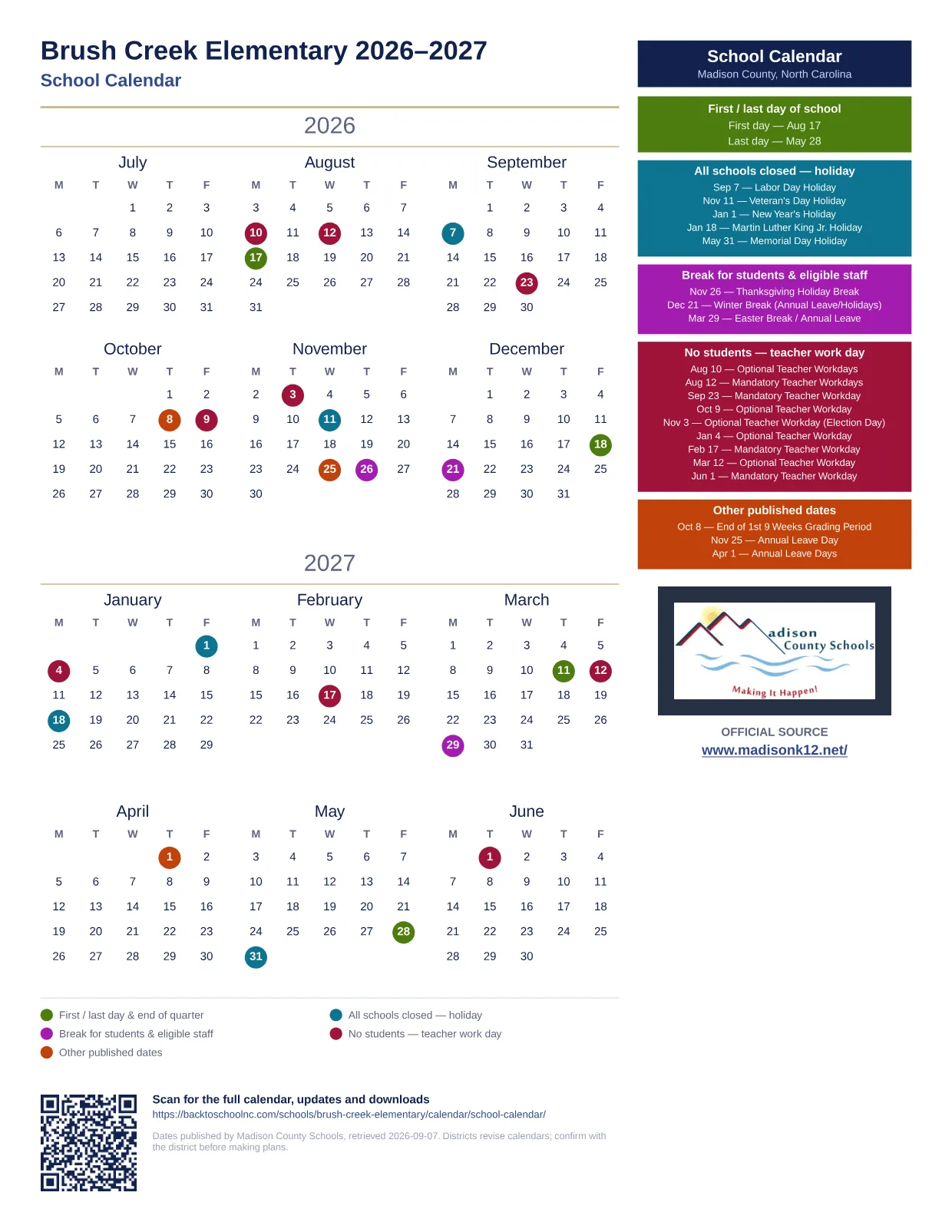 Brush Creek Elementary 2026–2027 printable calendar