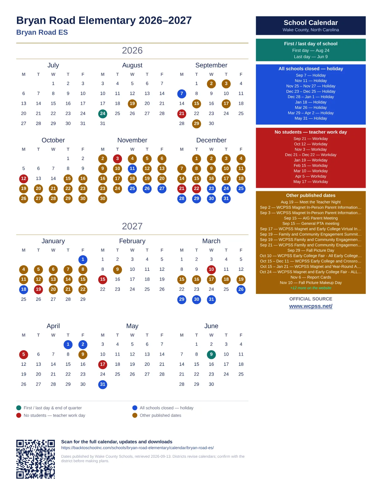 Bryan Road Elementary 2026–2027 printable calendar