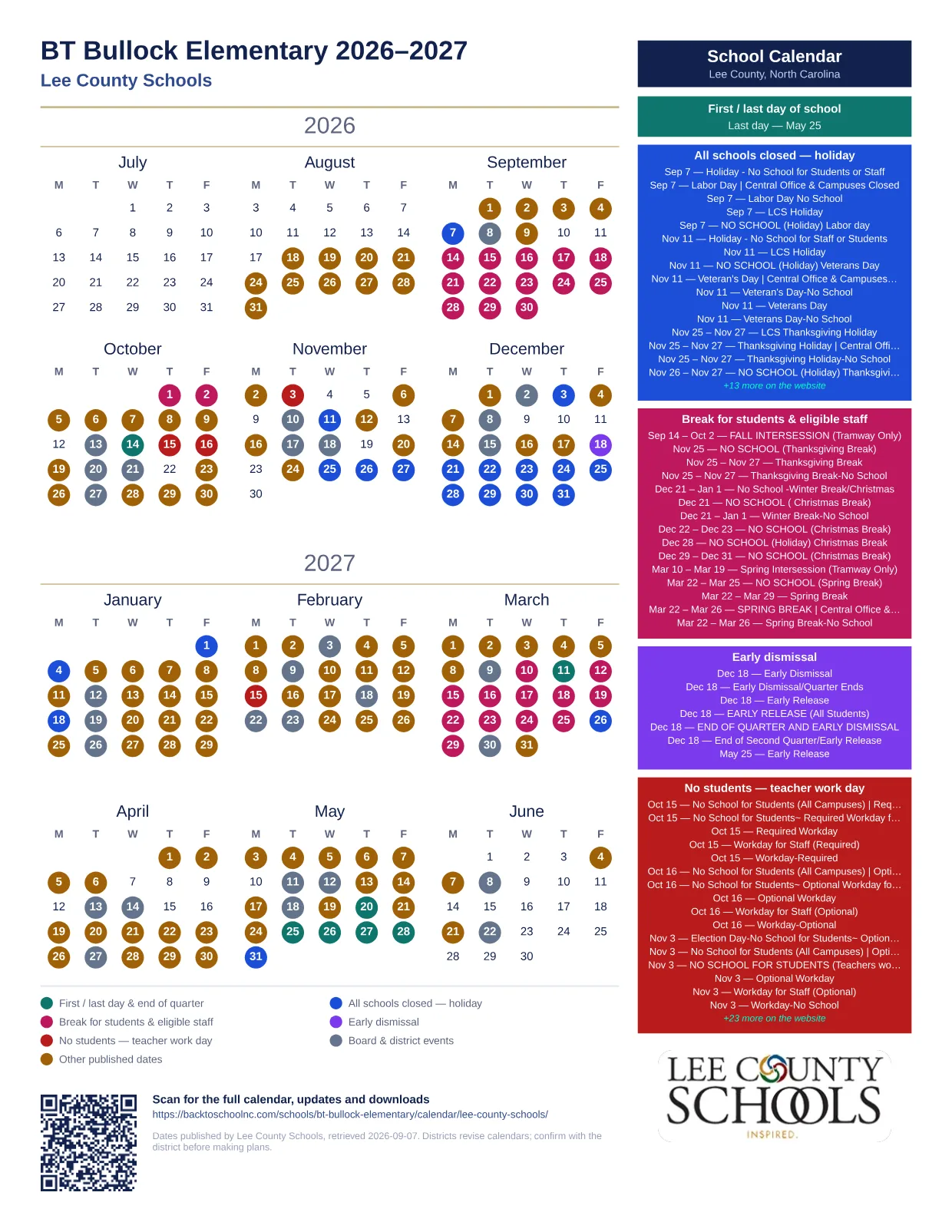 BT Bullock Elementary  printable calendar
