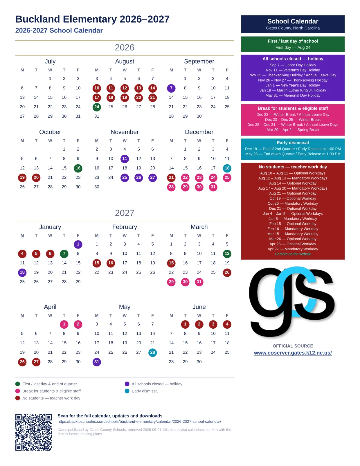 Buckland Elementary 2026–2027 printable calendar