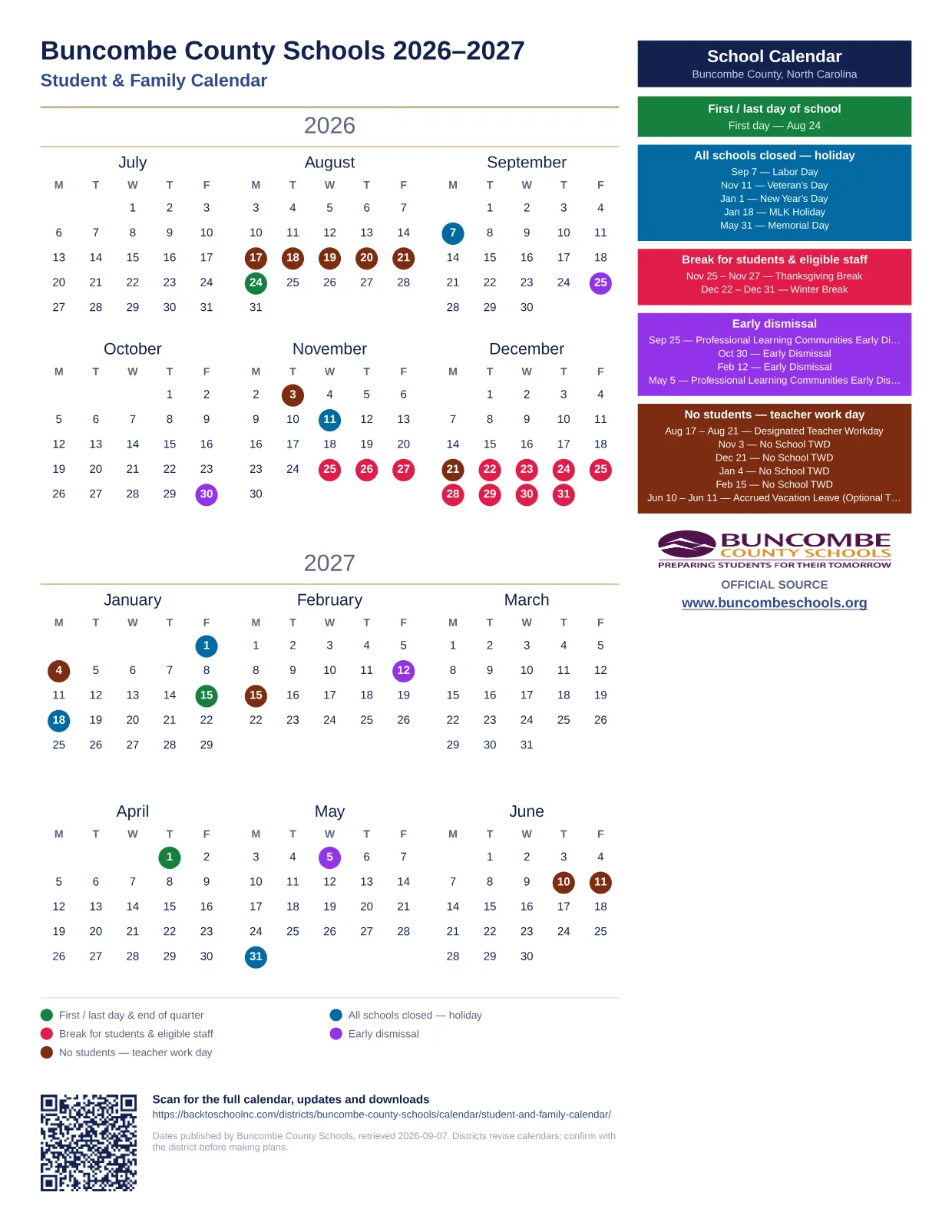 Buncombe County Schools Student & Family Calendar  printable calendar