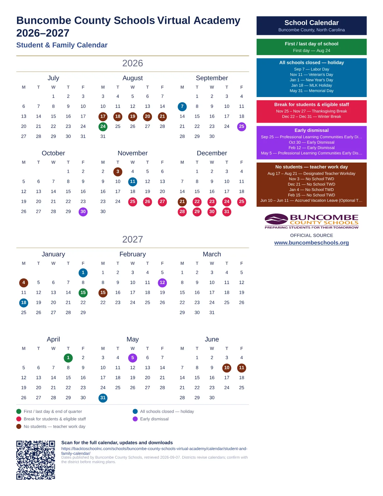 Buncombe County Schools Virtual Academy  printable calendar