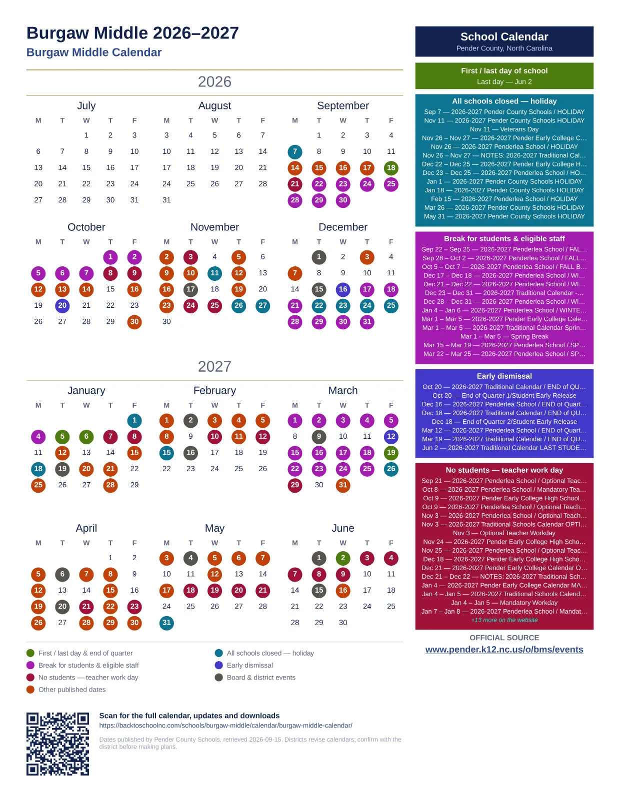 Burgaw Middle  printable calendar