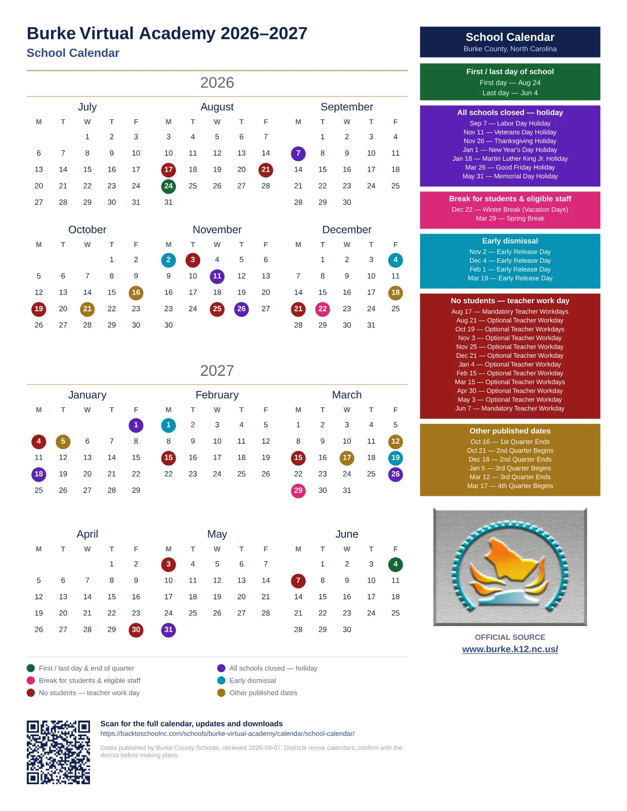 Burke Virtual Academy 2026–2027 printable calendar
