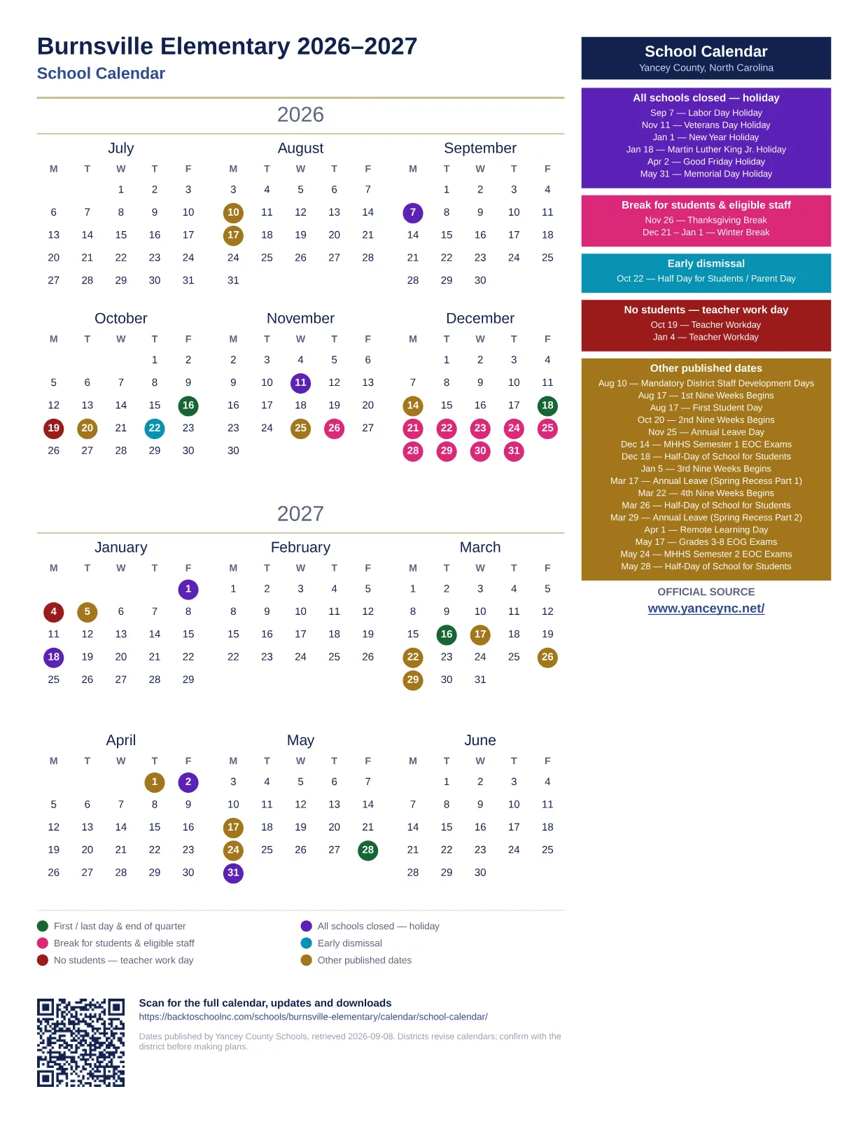 Burnsville Elementary  printable calendar
