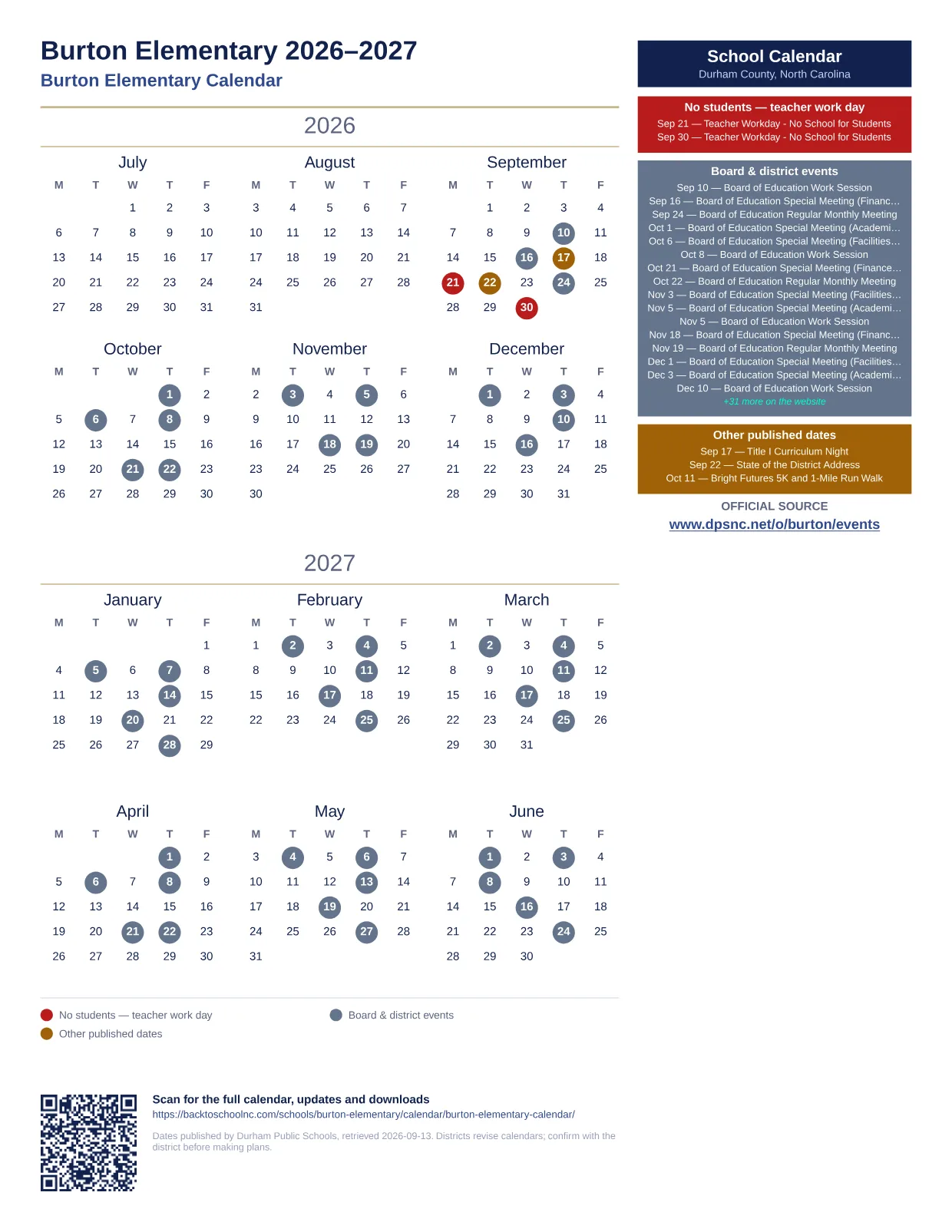 Burton Elementary printable calendar