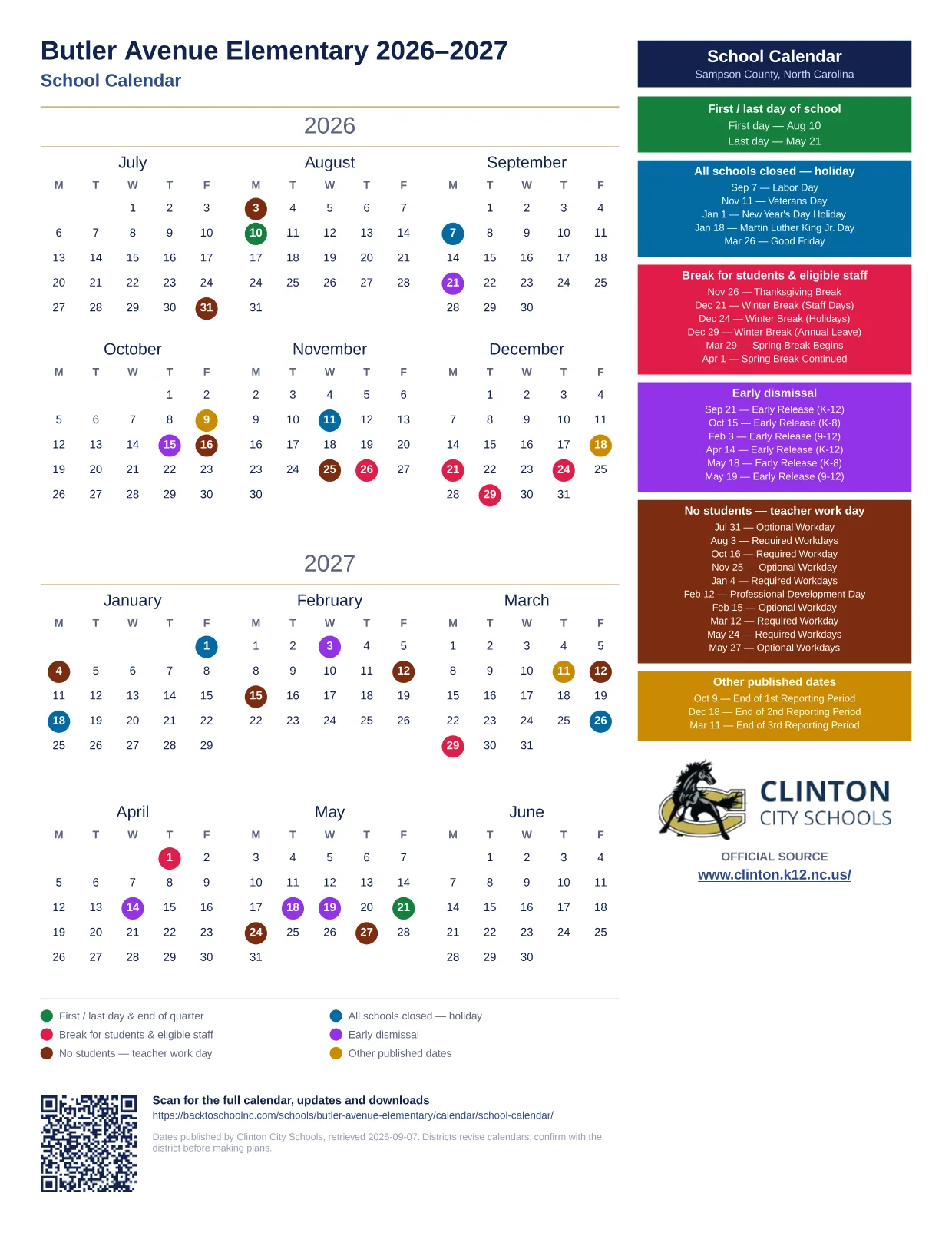 Butler Avenue Elementary 2026–2027 printable calendar