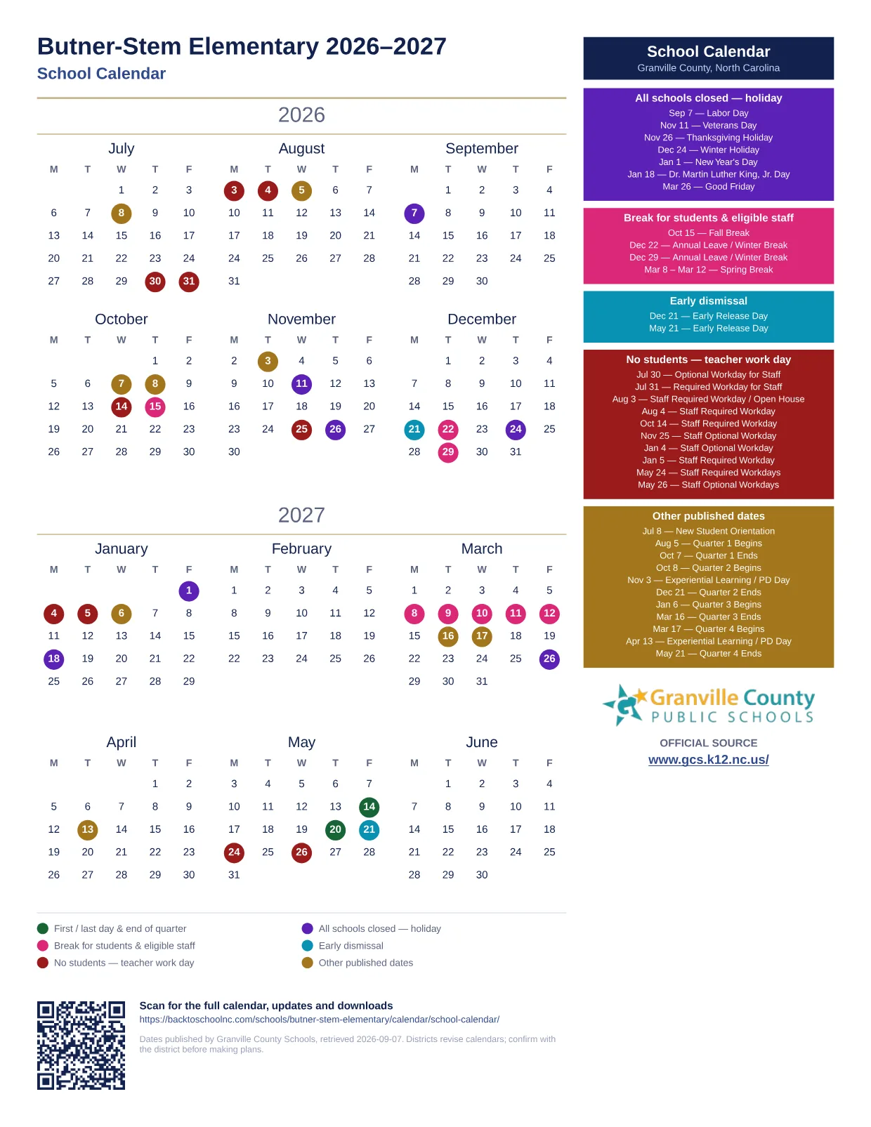 Butner-Stem Elementary printable calendar