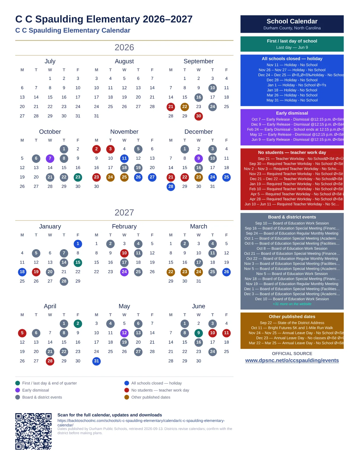 C C Spaulding Elementary  printable calendar