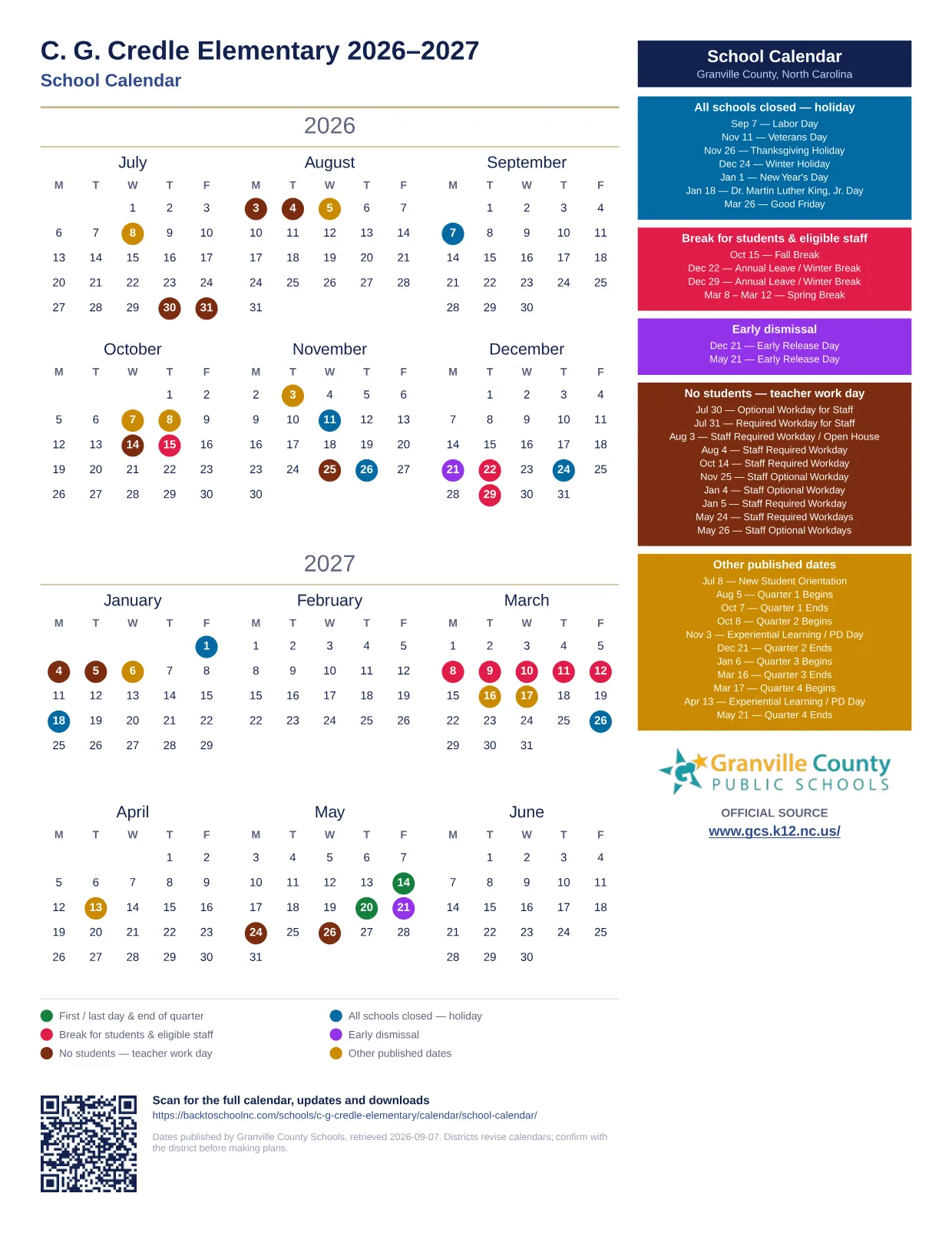 C. G. Credle Elementary printable calendar