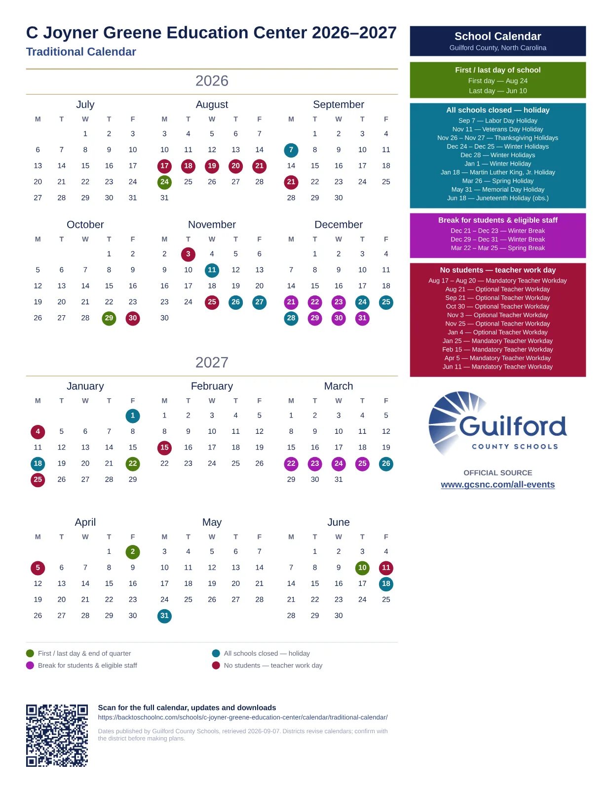 C Joyner Greene Education Center 2026–2027 printable calendar