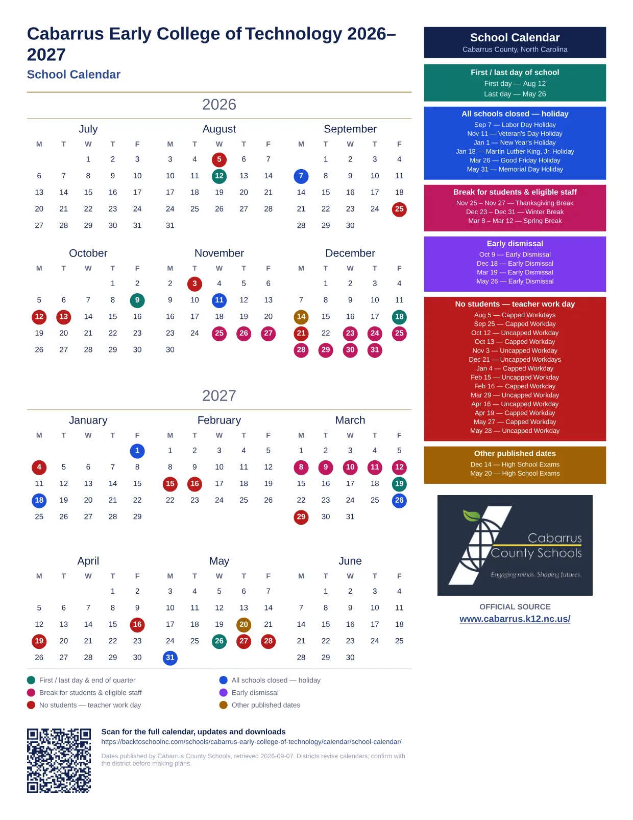 Cabarrus Early College of Technology 2026–2027 printable calendar