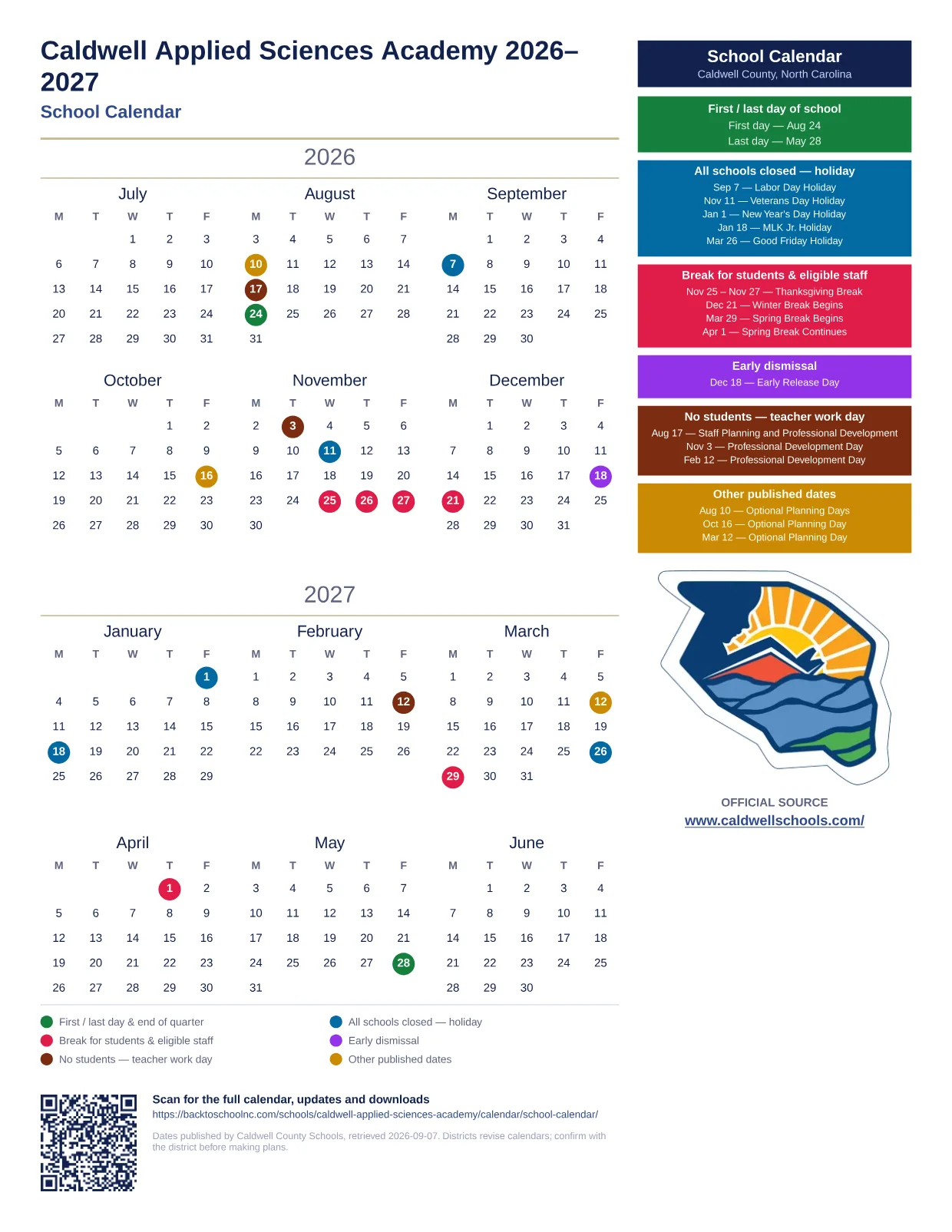 Caldwell Applied Sciences Academy 2026–2027 printable calendar