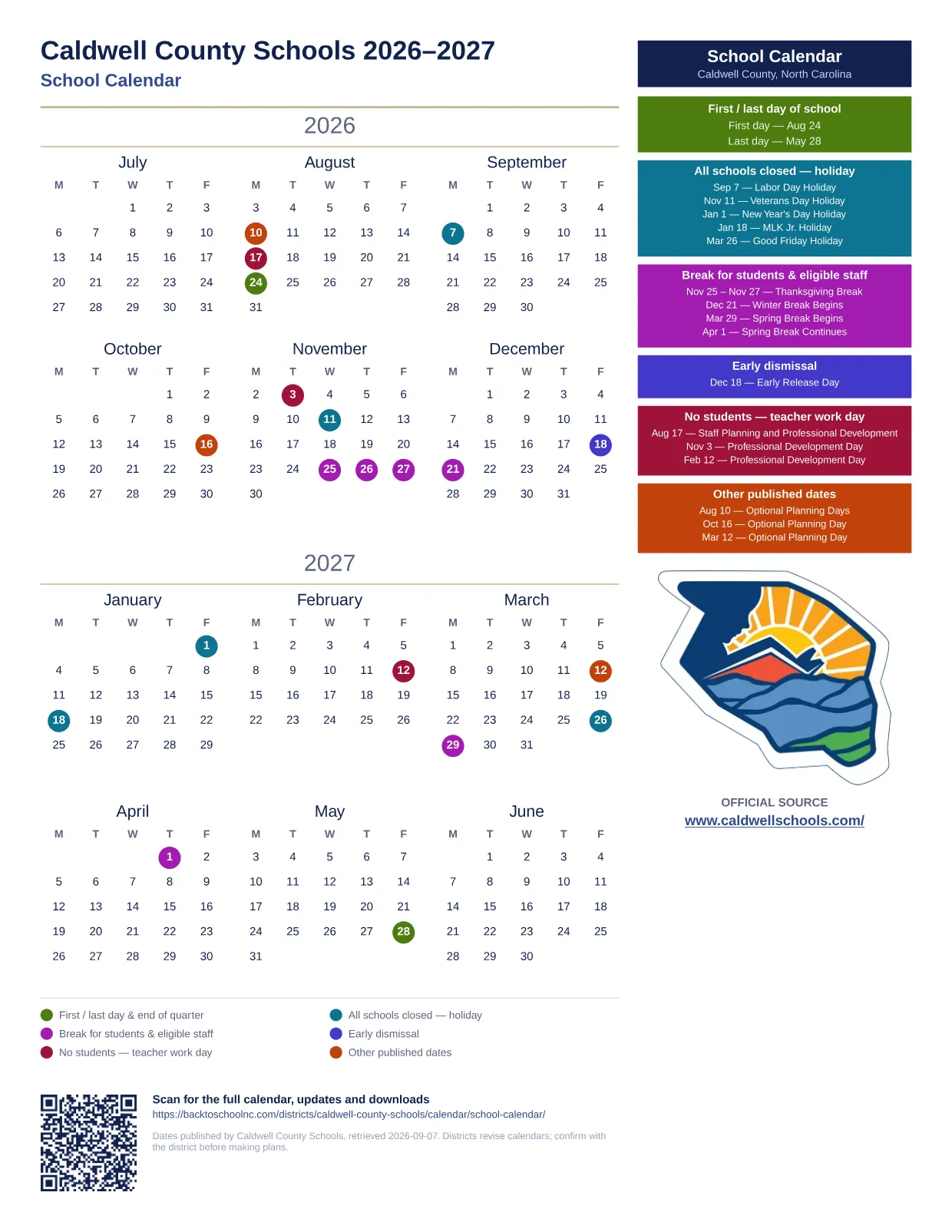 Caldwell County Schools School Calendar 2026–2027 printable calendar