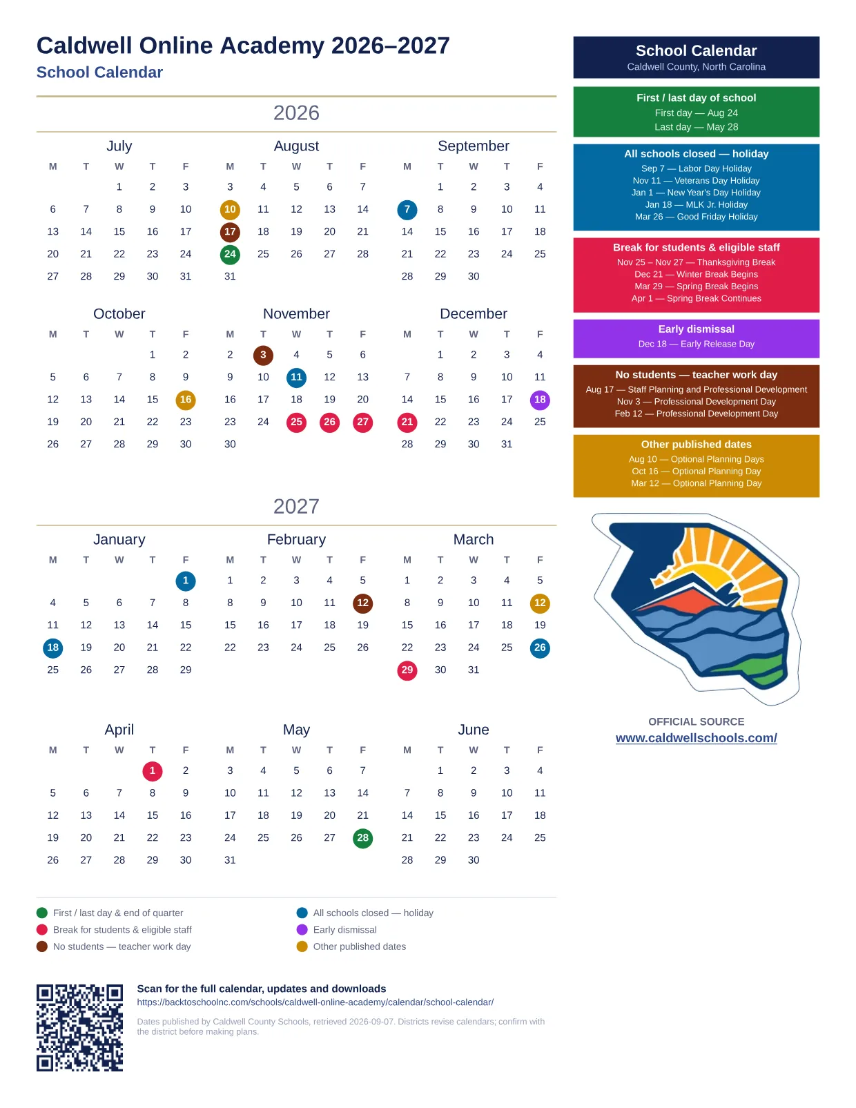 Caldwell Online Academy 2026–2027 printable calendar