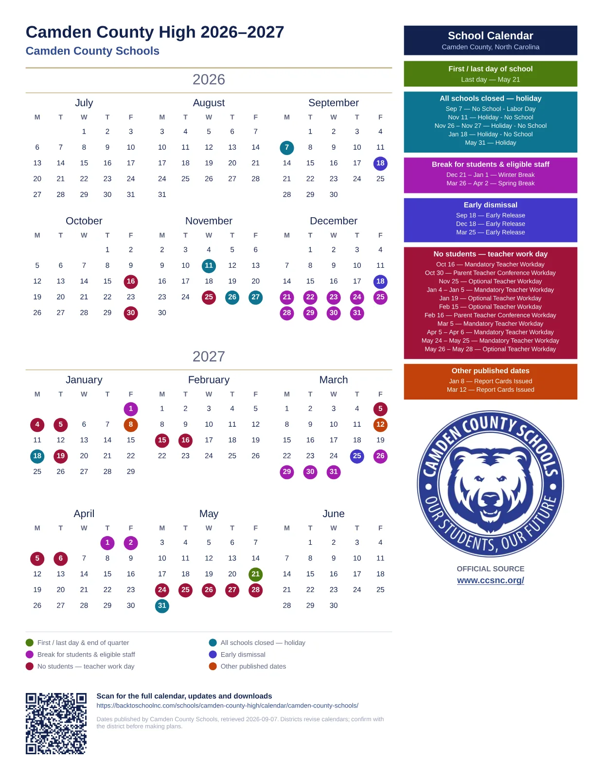 Camden County High printable calendar
