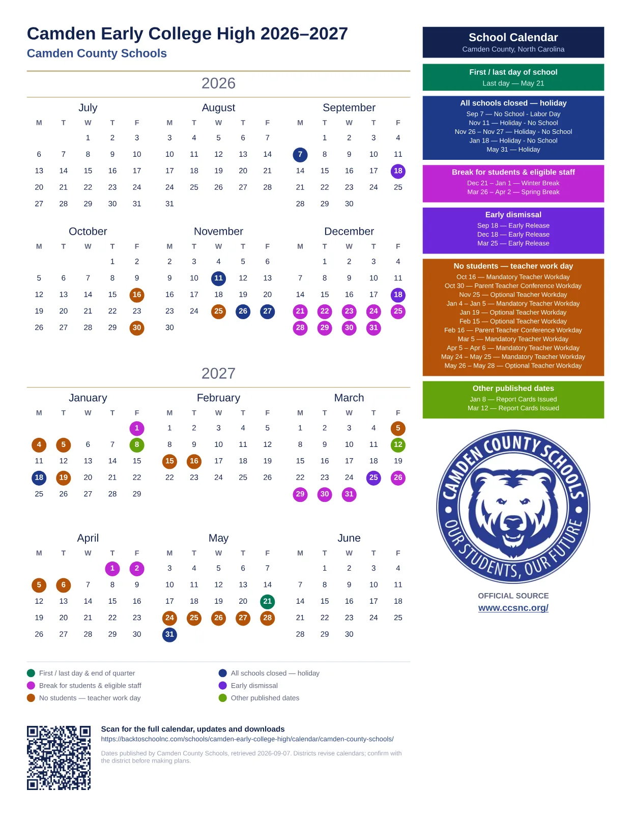 Camden Early College High  printable calendar