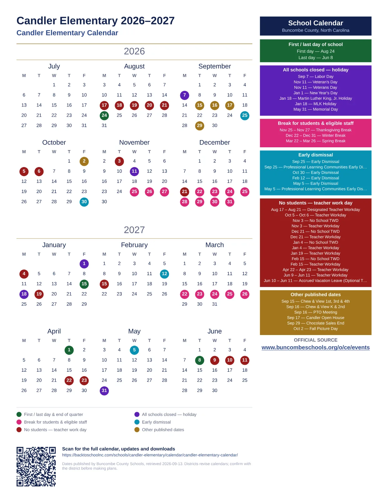 Candler Elementary printable calendar
