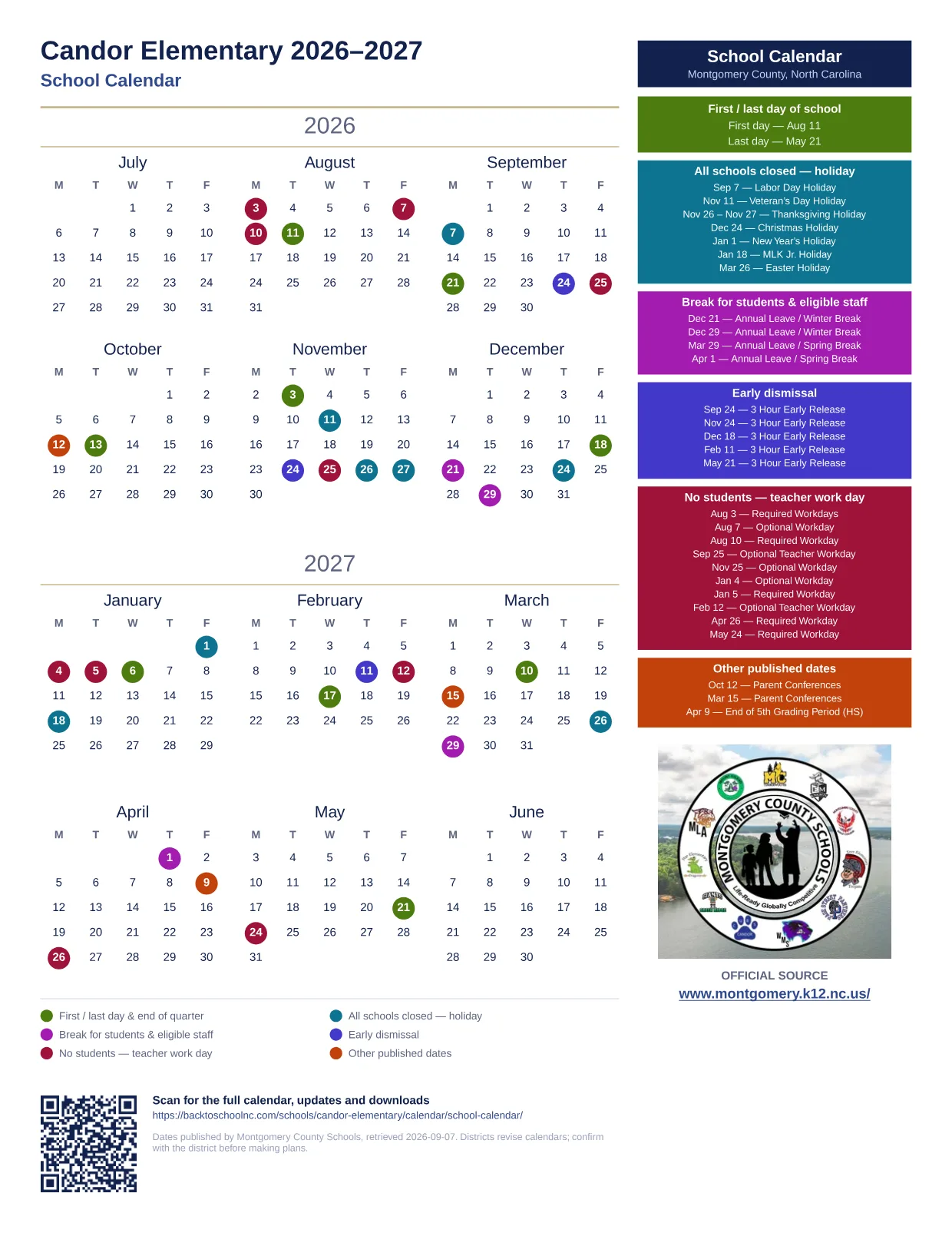 Candor Elementary 2026–2027 printable calendar
