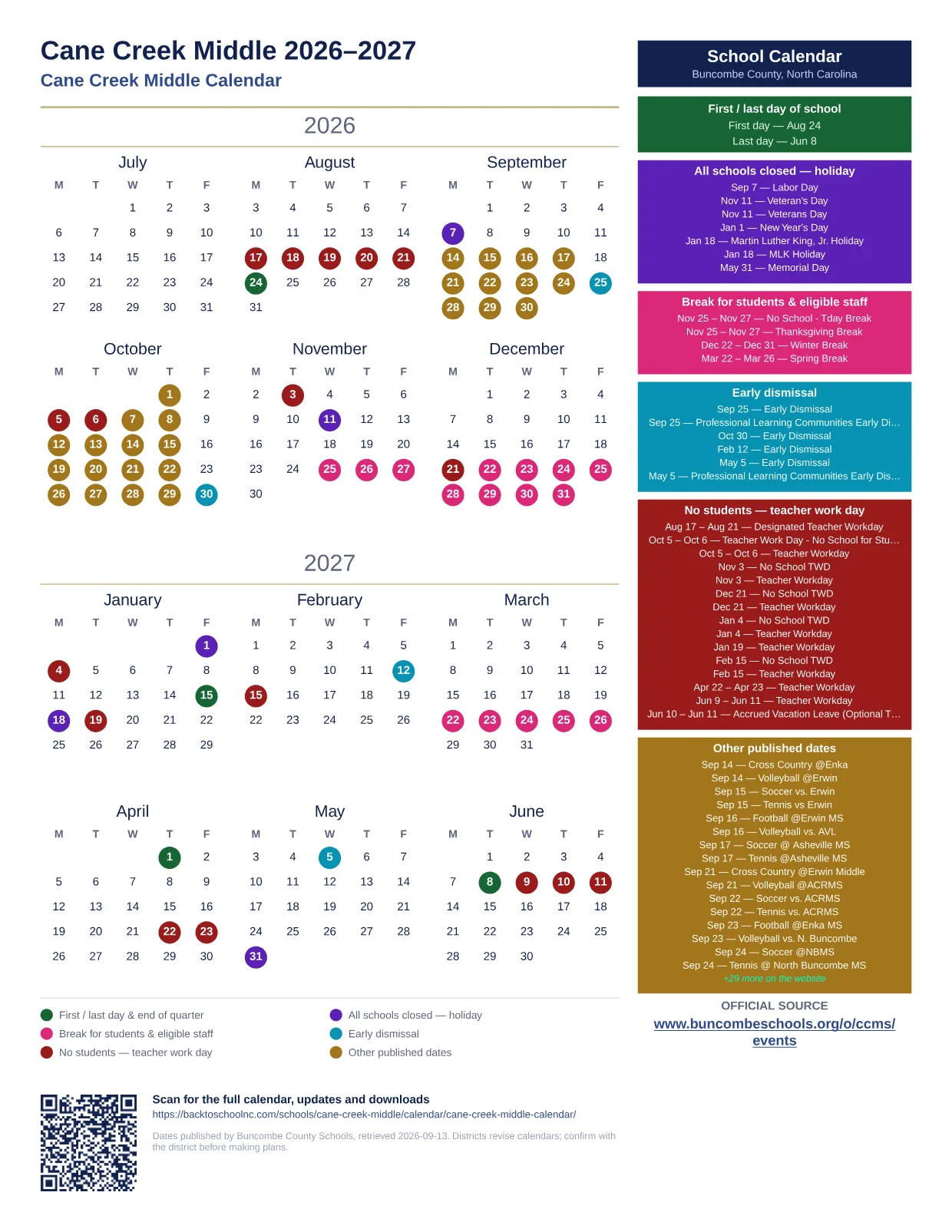 Cane Creek Middle  printable calendar