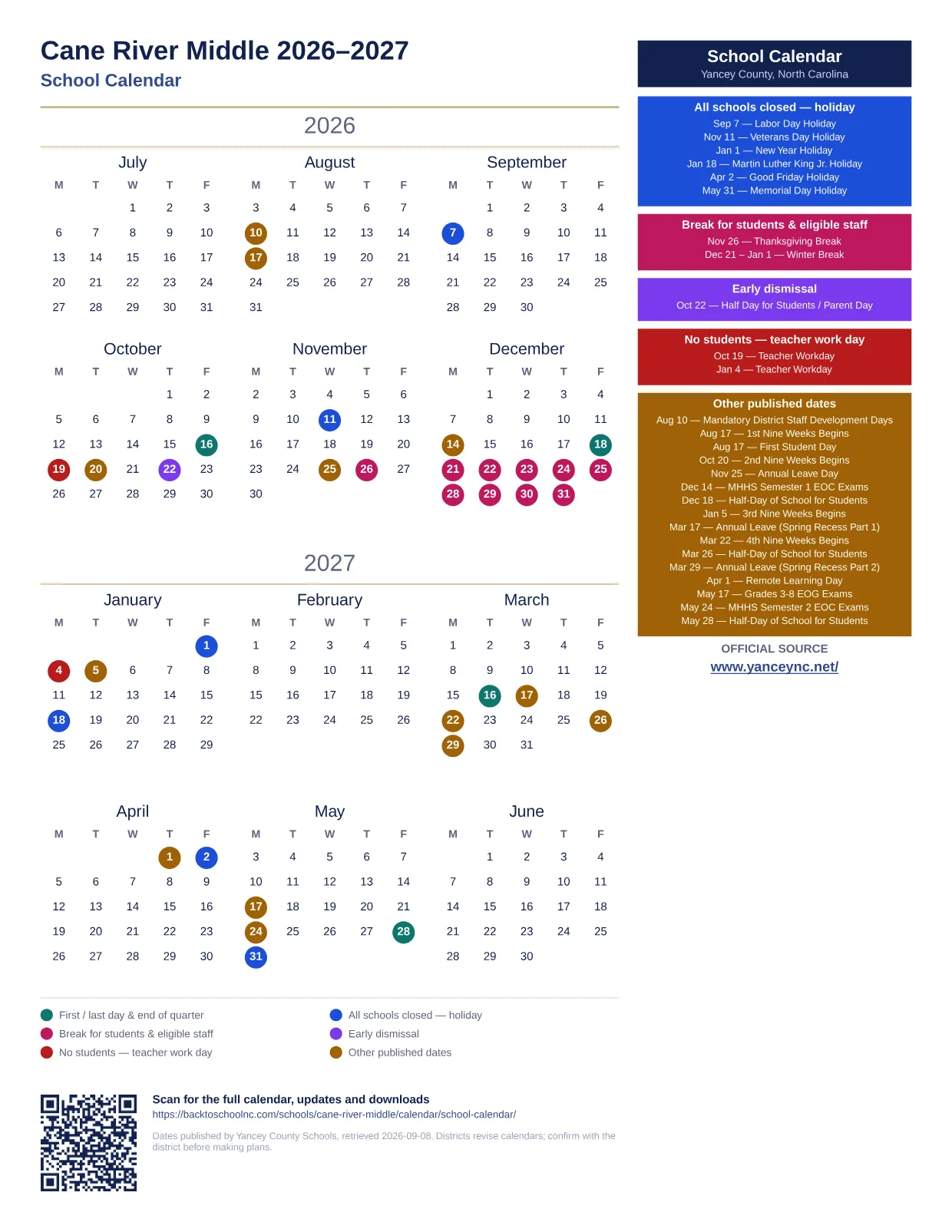 Cane River Middle printable calendar