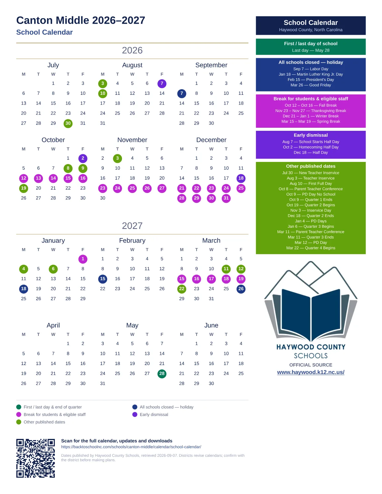 Canton Middle  printable calendar