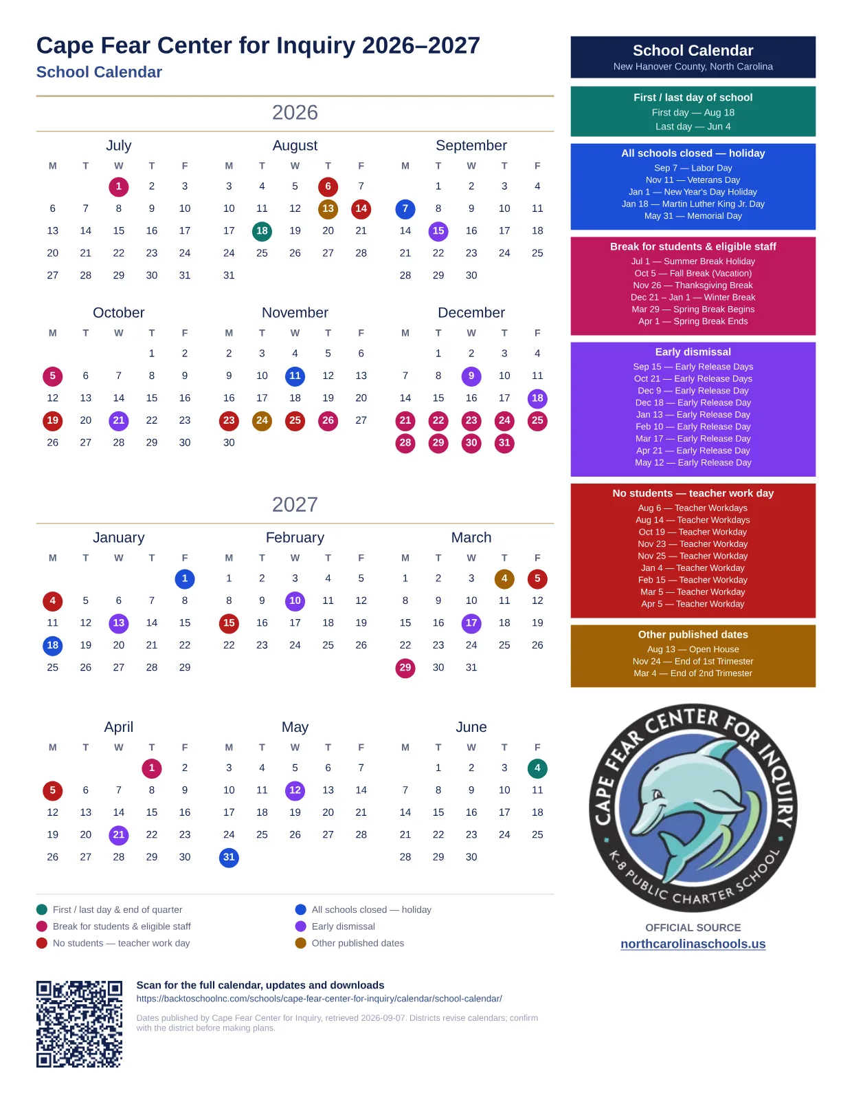 Cape Fear Center for Inquiry School Calendar 2026–2027 printable calendar