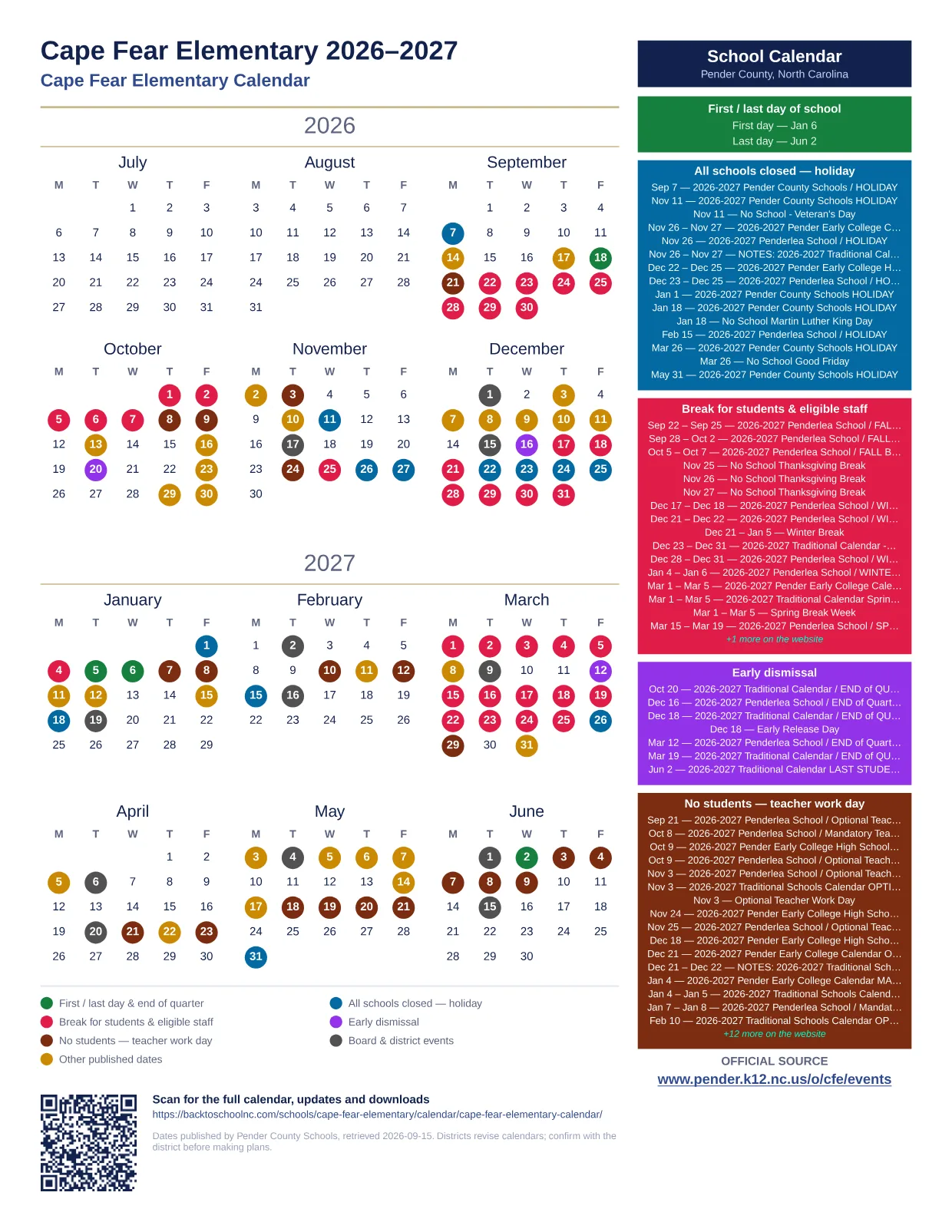 Cape Fear Elementary 2027–2028 printable calendar