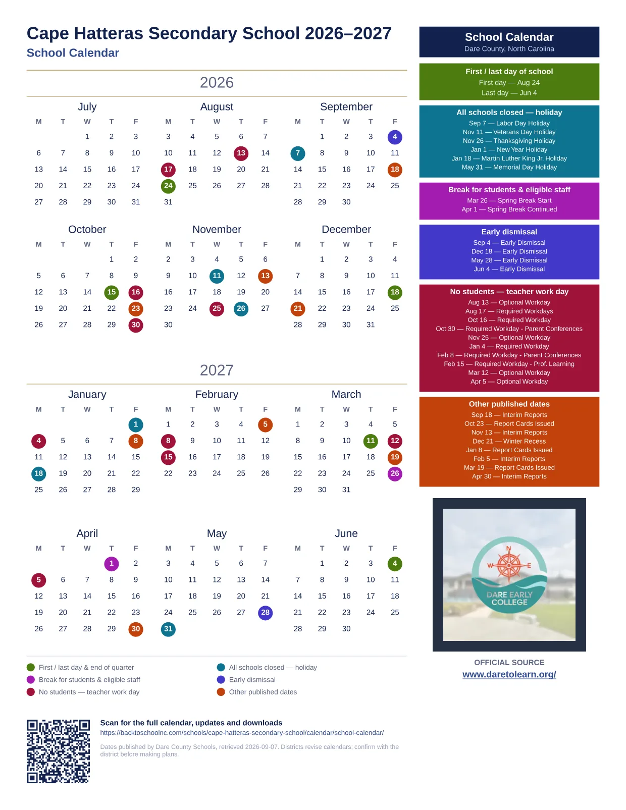 Cape Hatteras Secondary School 2026–2027 printable calendar