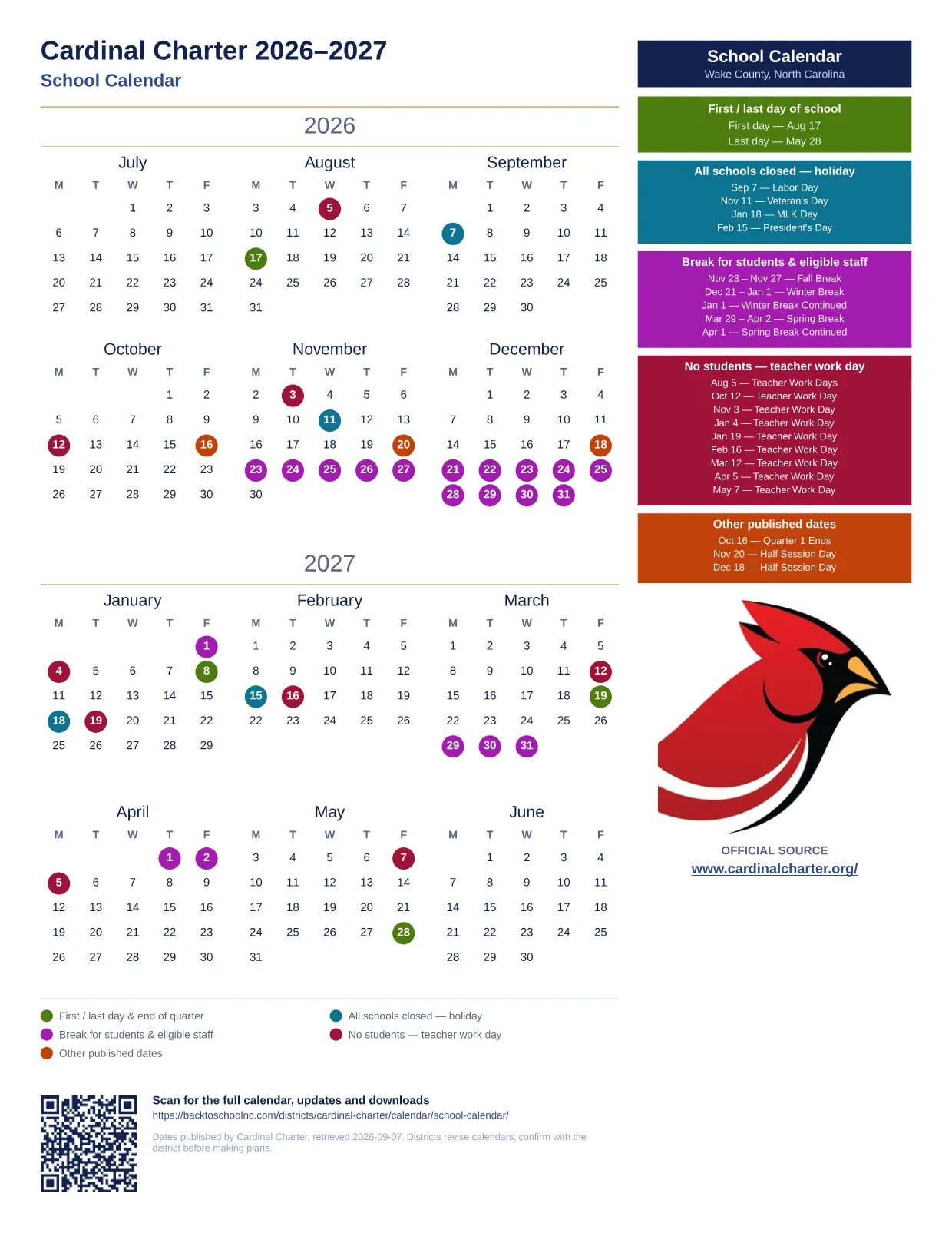 Cardinal Charter School Calendar 2026–2027 printable calendar