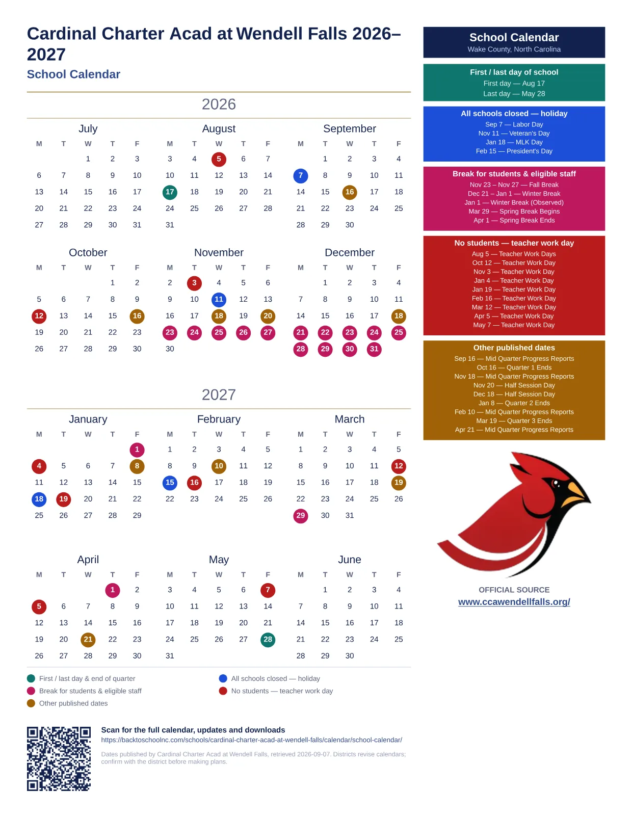 Cardinal Charter Acad at Wendell Falls School Calendar 2026–2027 printable calendar