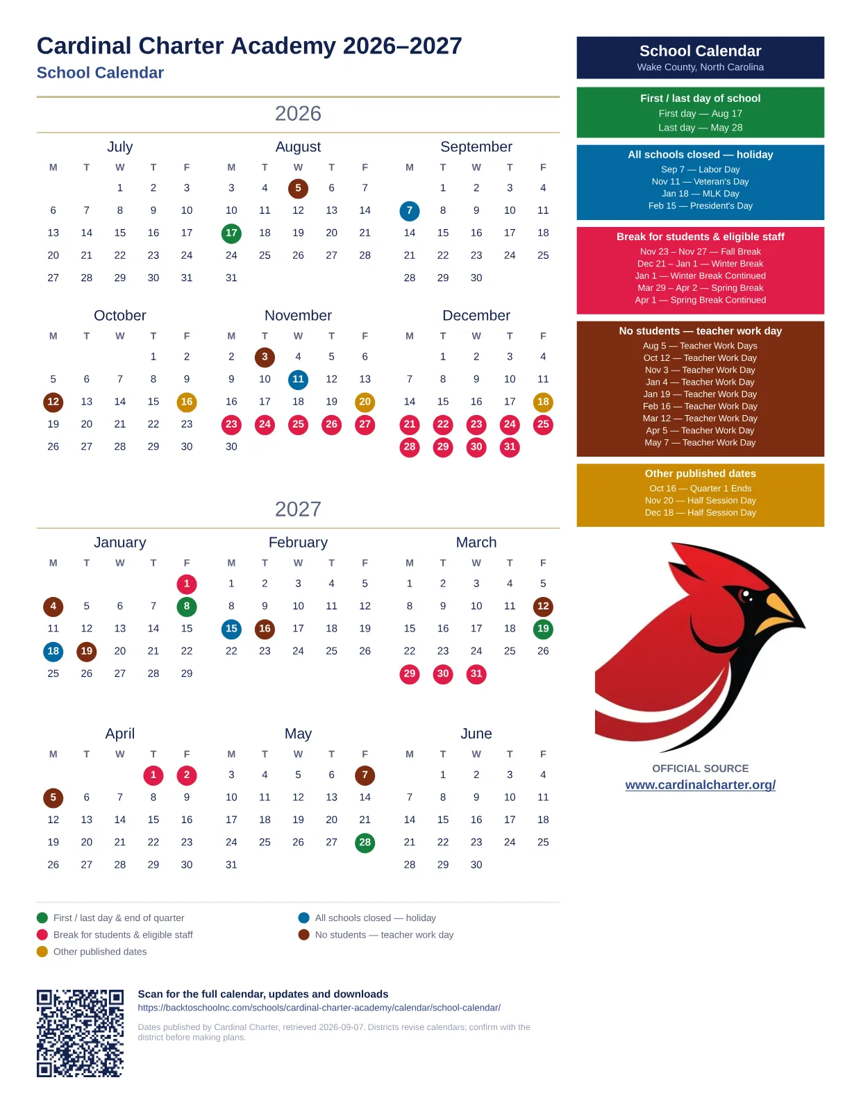 Cardinal Charter Academy 2026–2027 printable calendar