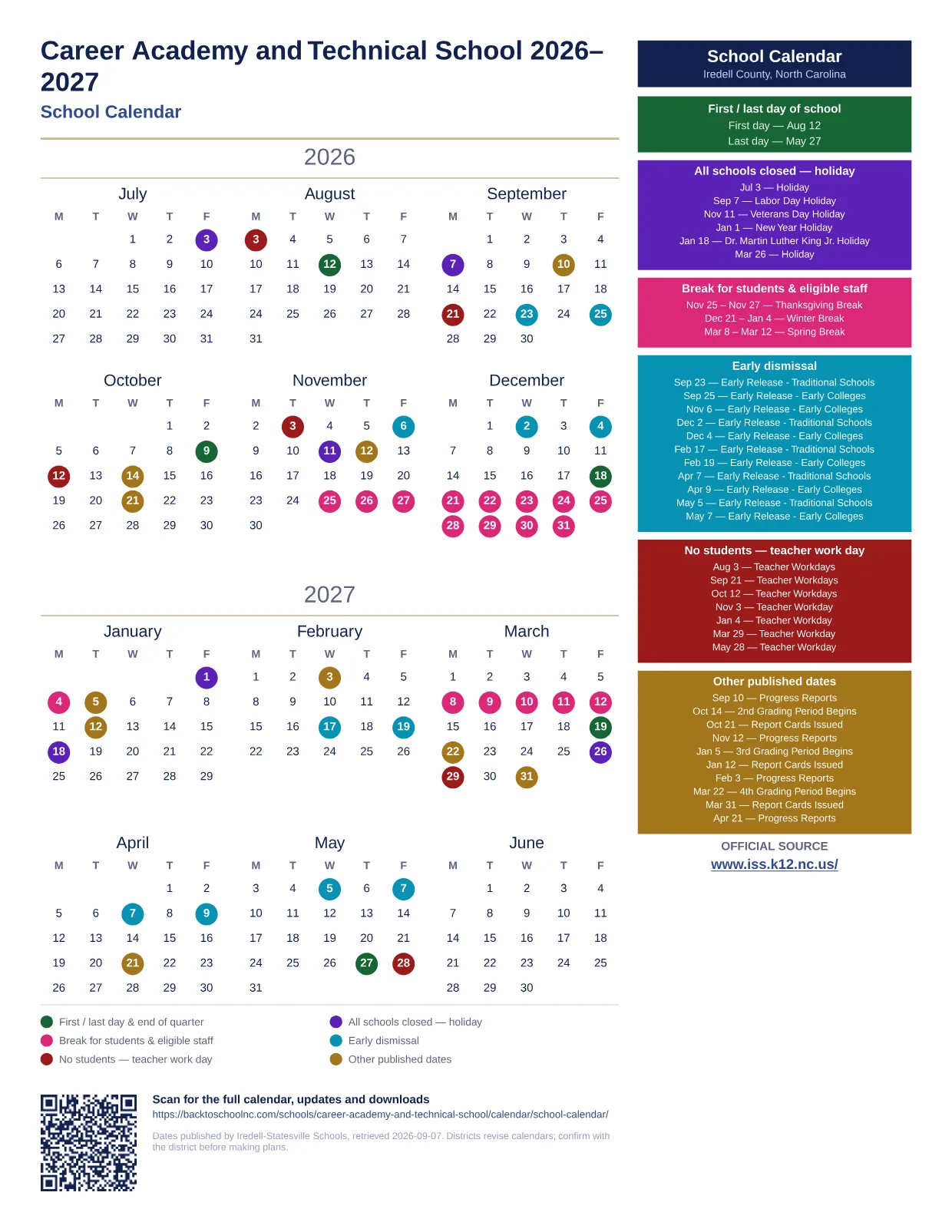 Career Academy and Technical School 2026–2027 printable calendar