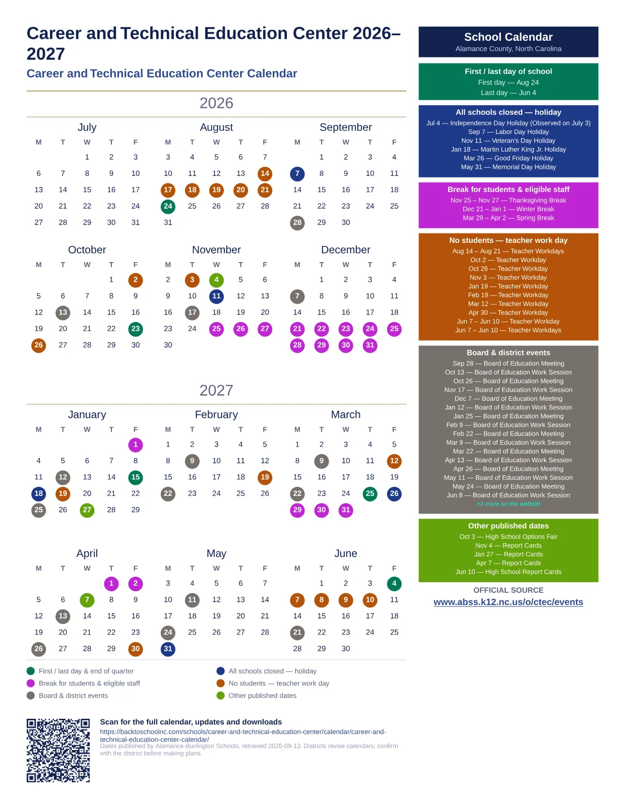 Career and Technical Education Center 2026–2027 printable calendar