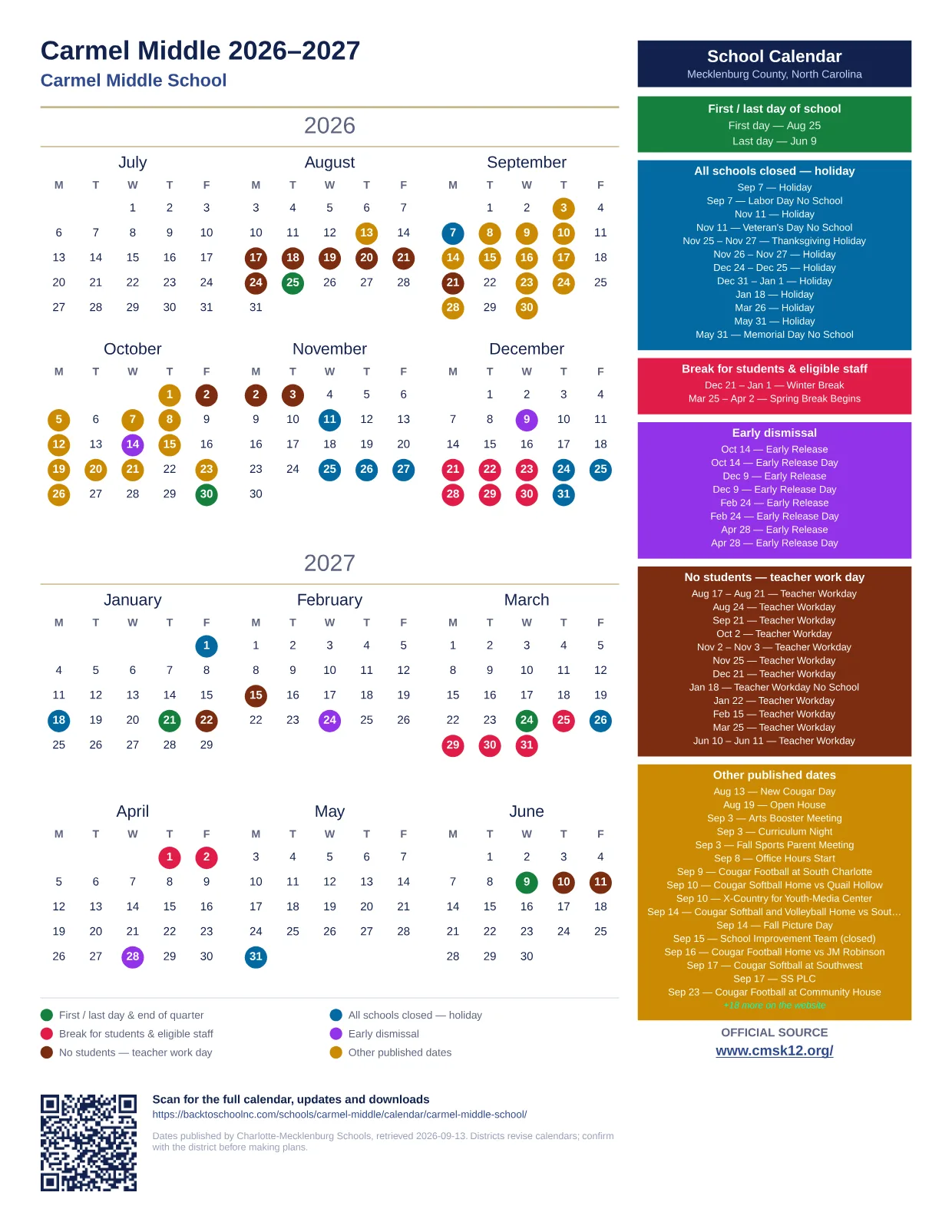 Carmel Middle 2026–2027 printable calendar